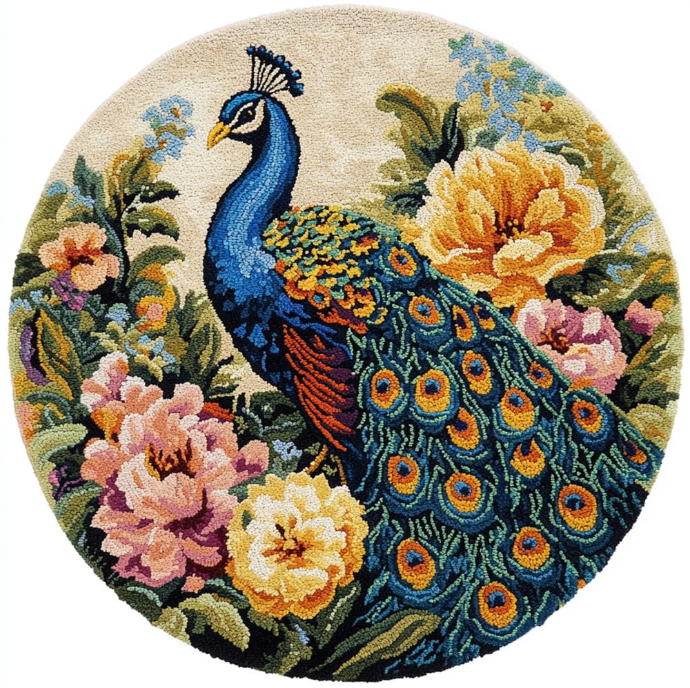 kitphoenix DIY Latch Hook Rug Kit with Printed Canvas Peacock and Flowers 20X20Inch (50X50Cm) Floor Mat Crochet Yarn Embroidery Hook and Latch Carpet Tapestry for Home Decoration - Adults Kid