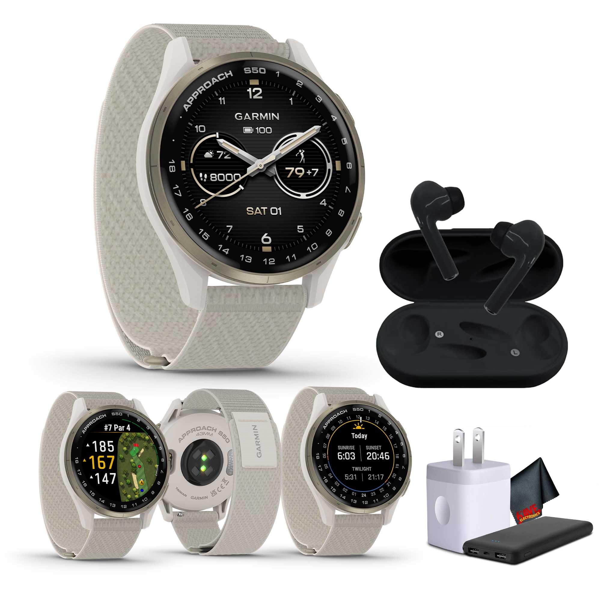 Garmin Approach S50 Advanced Golf Watch with GPS, AMOLED Display, Sports and Fitness Smartwatch, Cream Gold Aluminum Bezel with Ivory Comfort Fit Nylon Band Bundle with Wireless Air Buds