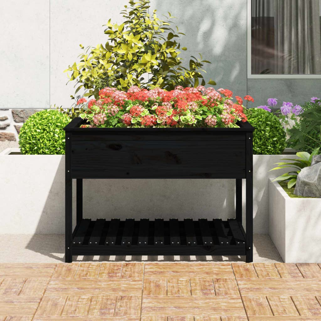 Macetero con estante de madera de pino maciza, color negro, 111,5 x 111,5 x 81 cm, para terraza, balcón, jardín, bancal, jardinera, con práctica superficie de almacenamiento para verduras
