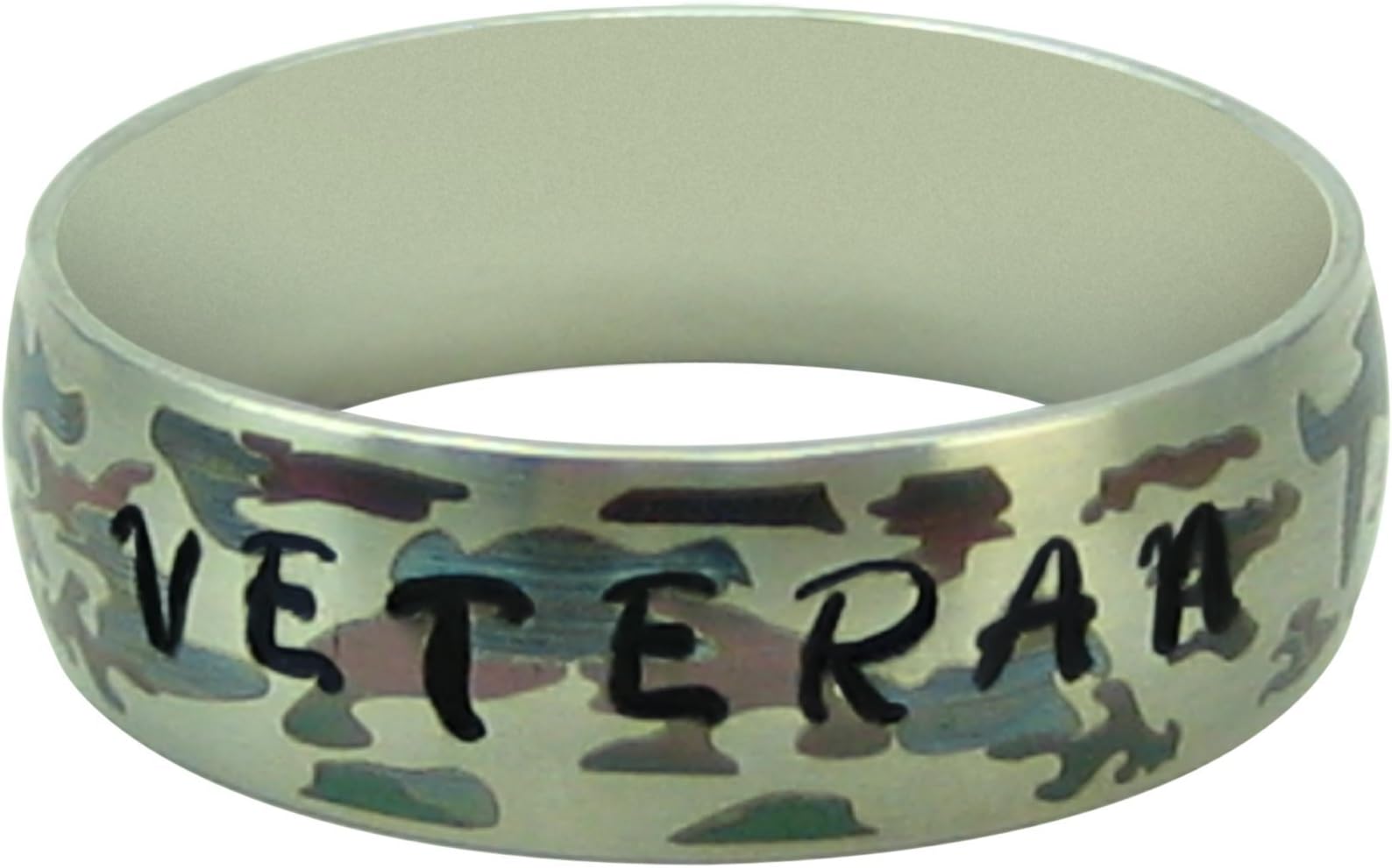8mm Earth Camouflage stamped keepsake ring with comfort fit in size 9 making it ideal for your stamped message