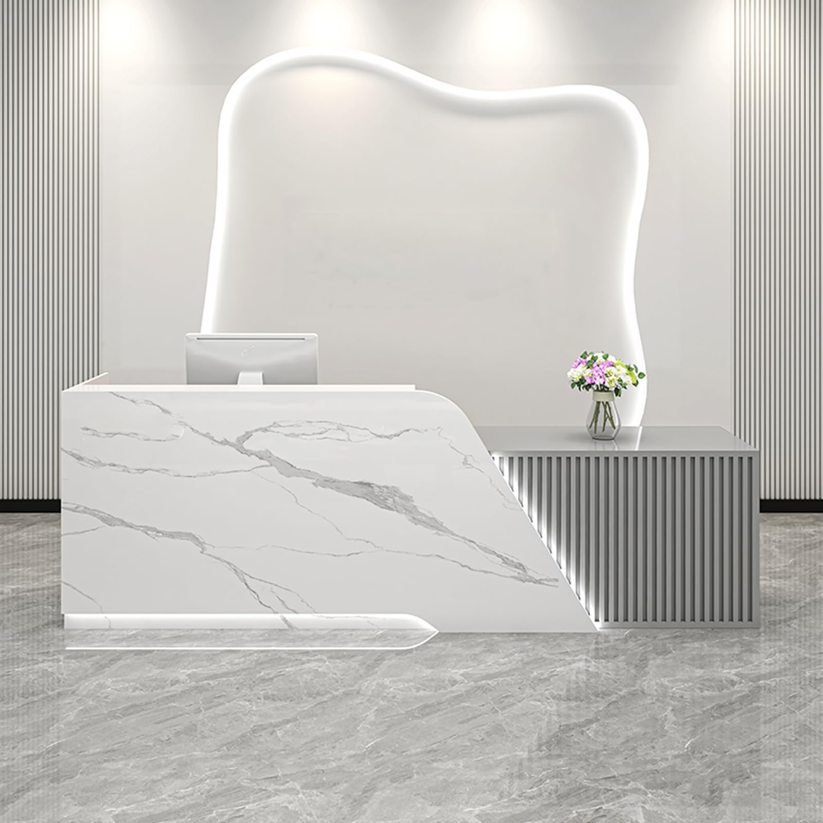 Modern Salon Front Reception Desk with Led Light, Lockable Drawer, Reception Desk with Counter, Retail Checkout Sturdy for Office, Shop, Easy to Install (Gray (Right), 200x60x100cm)