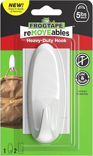 FrogTape reMOVEables Ganchos de pared resistentes, sin daños, fáciles de quitar y reutilizar, gancho de pared mediano con tiras adhesivas, soporta