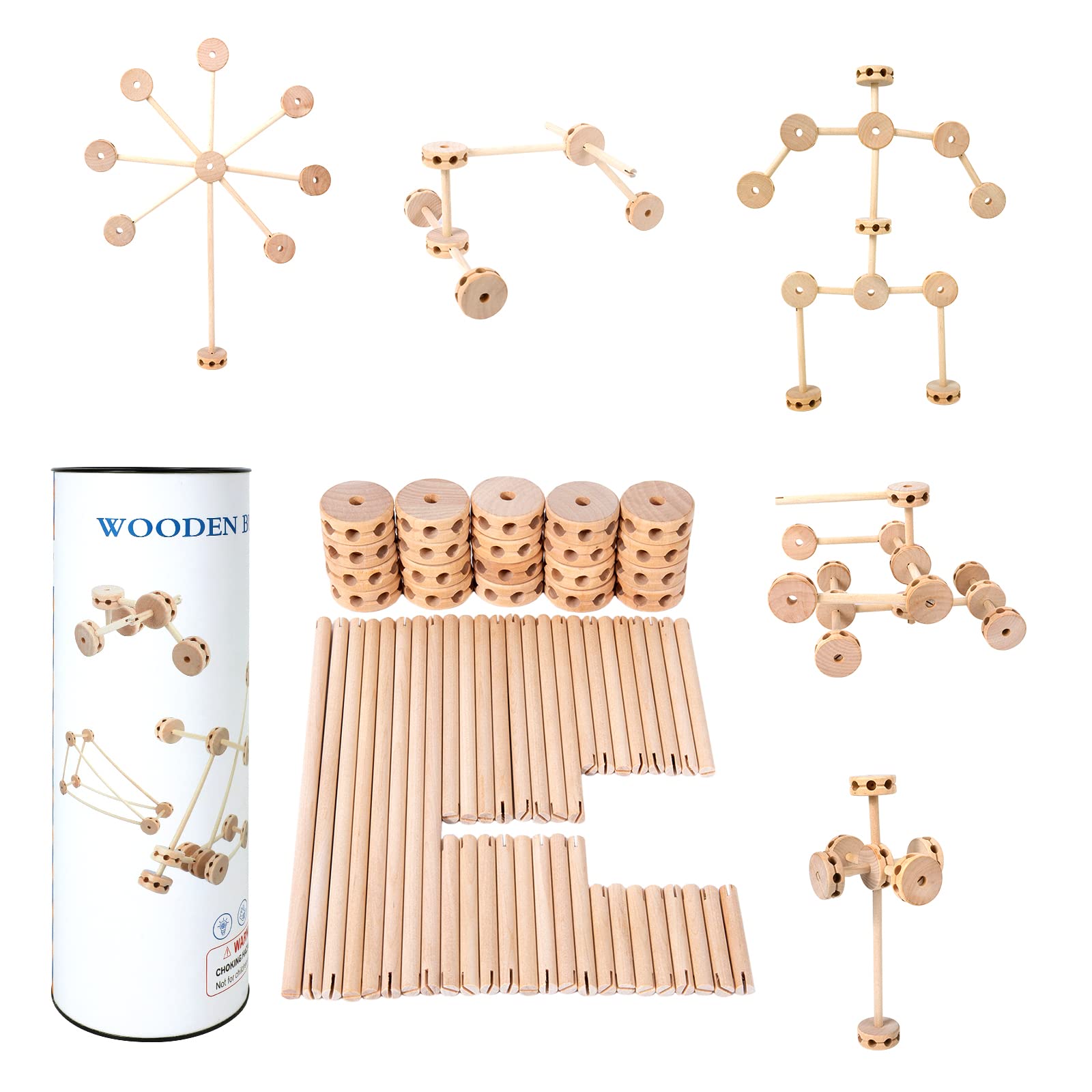 WODI 60PCS Wooden Building Blocks for Kids Ages 4-8, STEM Toys Montessori Learning Toys, Large DIY Educational Construction Blocks for Toddlers,