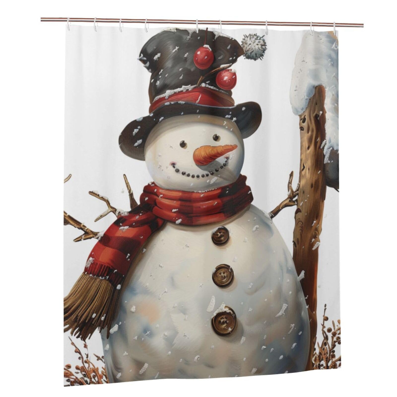 BWWHCCTI Snowman Print Printed Shower Curtain With 12 Plastic Hooks Opaque Quick Drying Waterproof Shower Curtains Sets For Bathroom 152x183 Cm