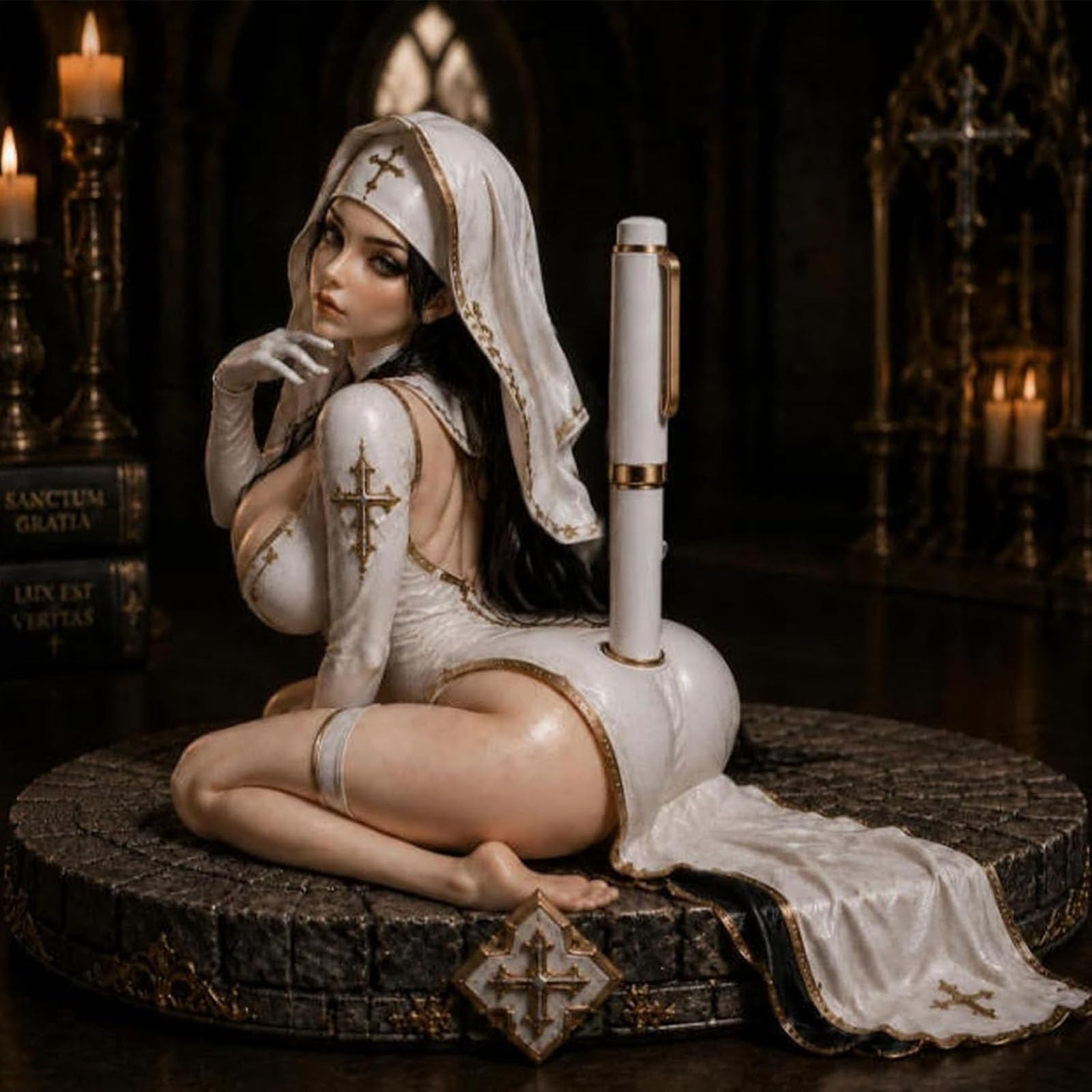 Holy Temptation Gothic-Nonnen-Stifthalter, Dark Academia Schreibtisch-Organizer mit Kreuzdetail, Gothic-Bleistiftbecherhalter, Halloween-Raumdekoration, schwarz-weiße Schreibtischfigur (#A+#B)