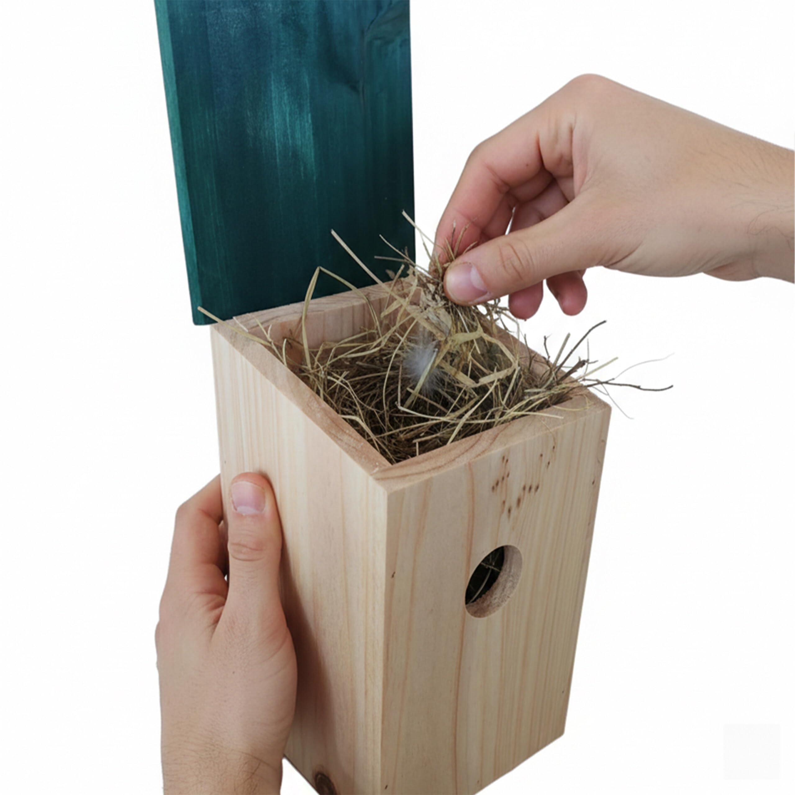 Relaxdays Caja Nido Set de 4 para Gorriones y Carboneros, Entrada 32 mm, Techo Abatible, Colgante, Natural/Verde, 22x12x14 cm