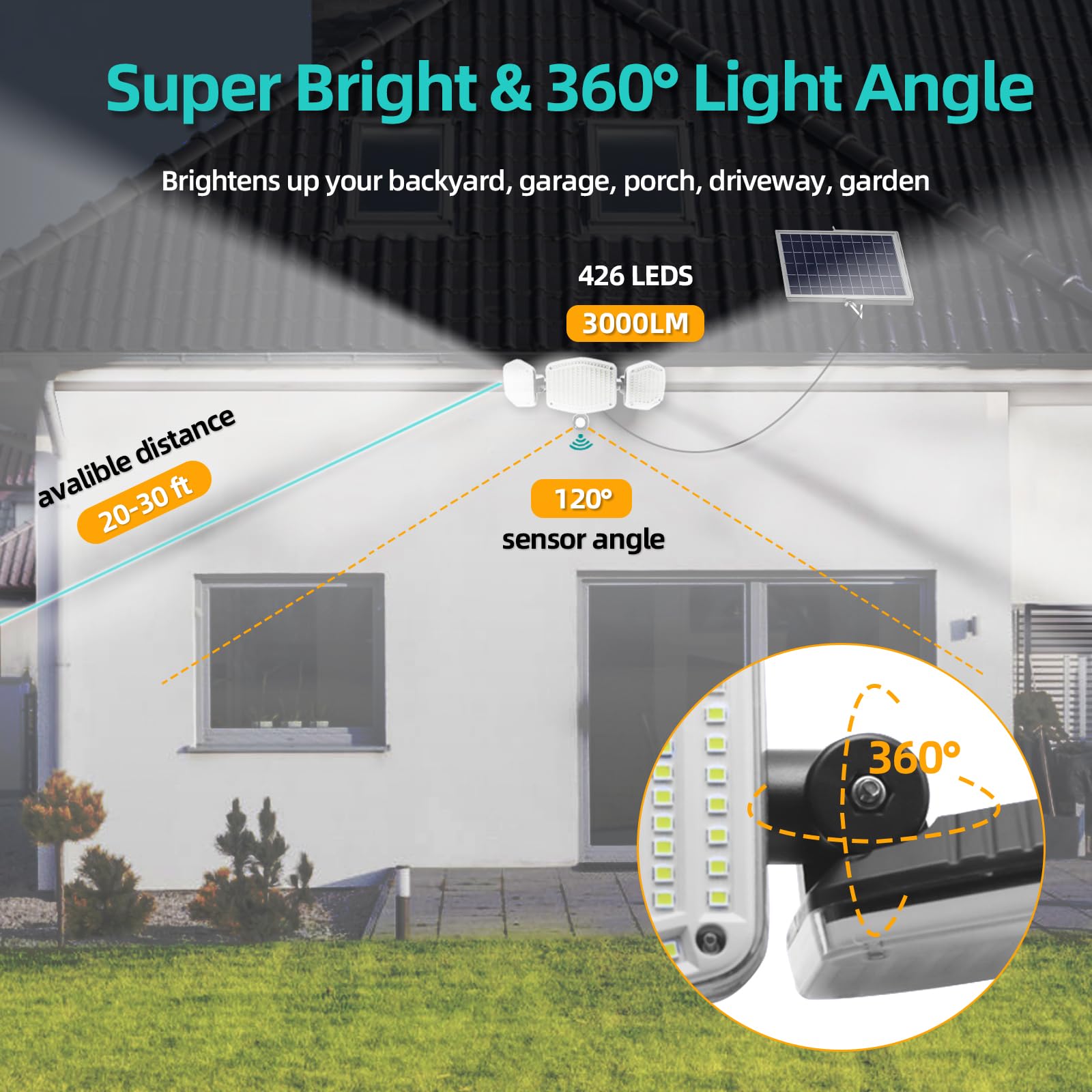 Luz solar para exteriores, 3000 lm, 426 luces LED con sensor de movimiento, 3 modos de luz de seguridad de pared impermeable de 4400 mAh, panel solar separado con cable de 16.4 pies, para