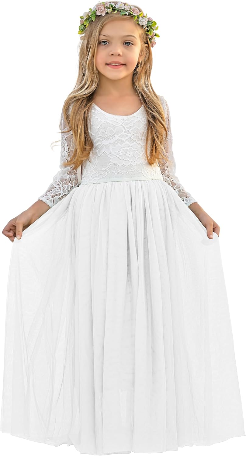 LalaMira Flower Girl Dress Long Sleeve First Communion Dress Lace/Tulle Toddler Dresses for Wedding Bridesmaid Garden Party