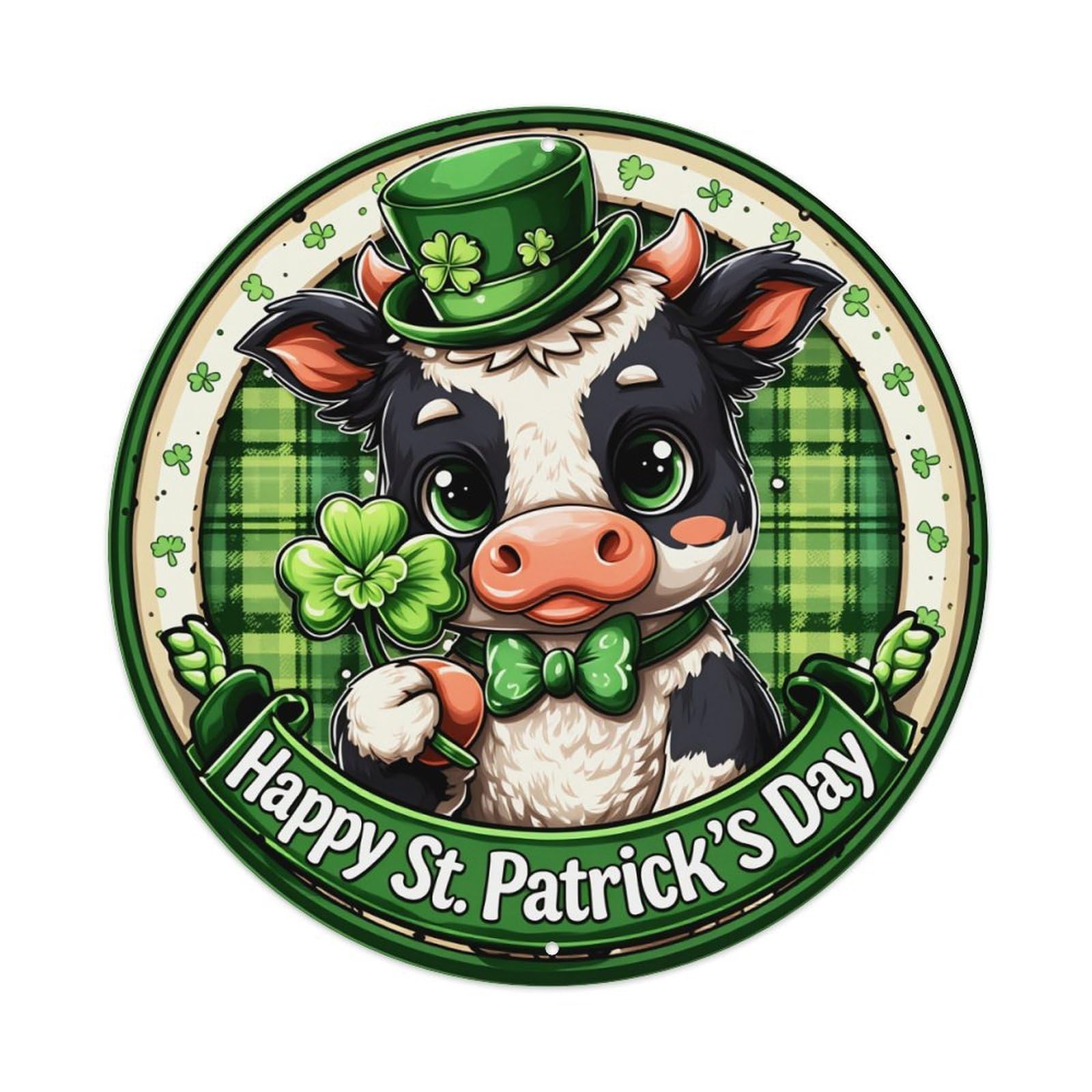 Cute Cow With Shamrock Hat Round Tin Sign Retro Metal Sign for Cafe Bar Pub Home Game Room Gym Club Wall Decoration Vintage Metal Poster 8x8 Inch