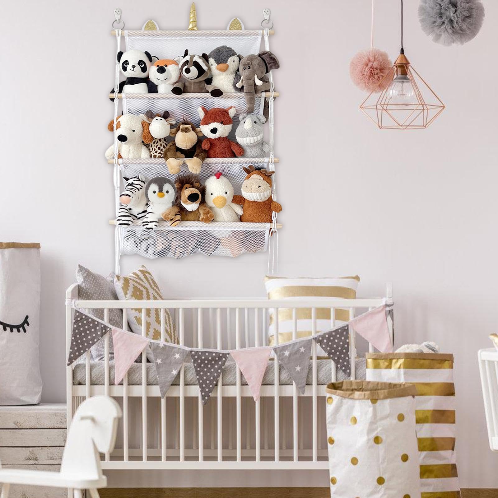 Filet Rangement Peluches Qivine 4 Niveaux - Avec 8 Clips Bois - Gain De Place Style Bohème