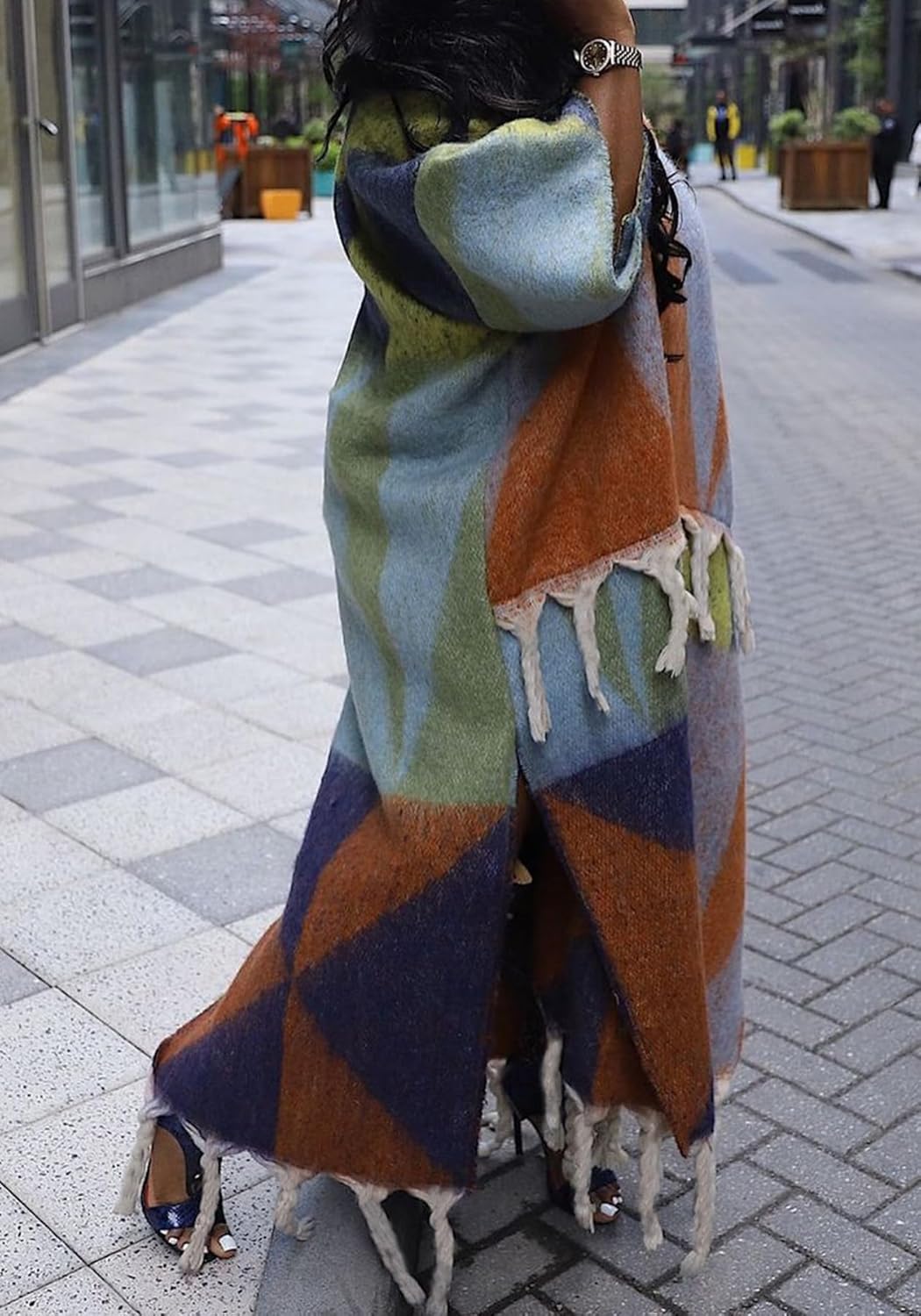 Unybwonn Women Long Open Front Sweater Cardigan Fringe Color Block Maxi Cardigans Plus Size Tassel Poncho Wrap Sweaters - Image 2