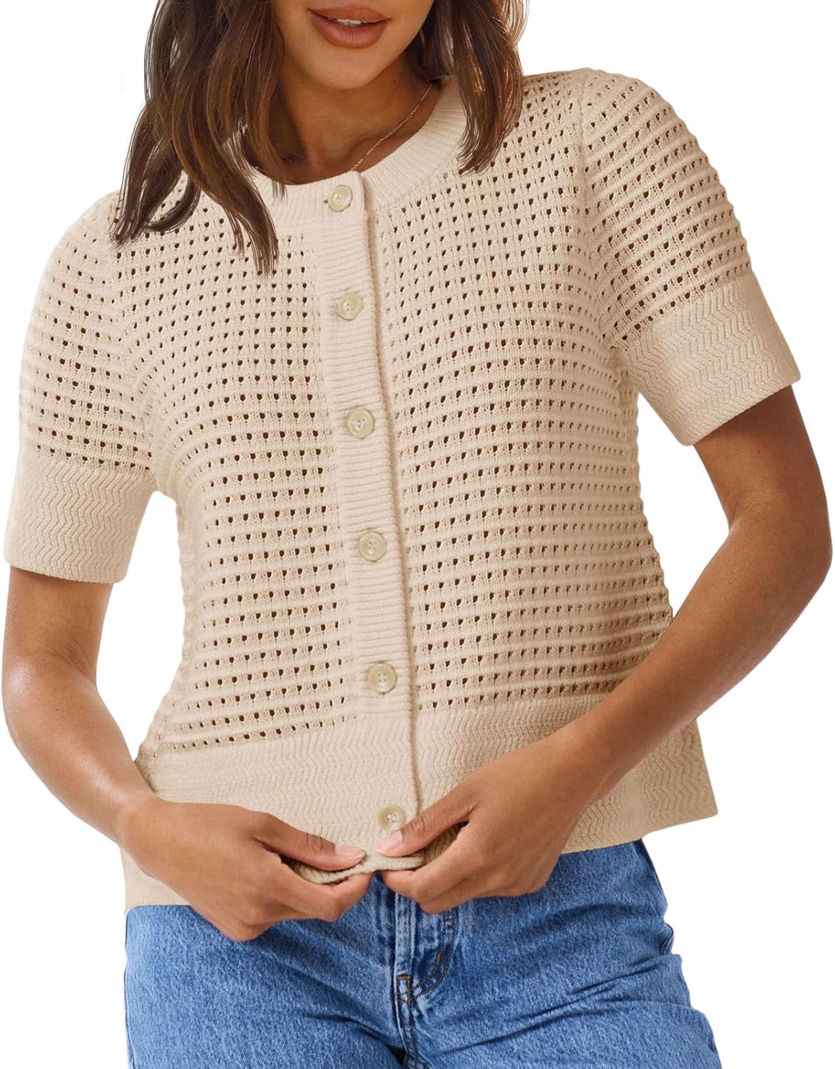 Saodimallsu Womens Crochet Short Sleeve Cardigans Button Up Crew Neck Summer Beach Knit Sweater Tops