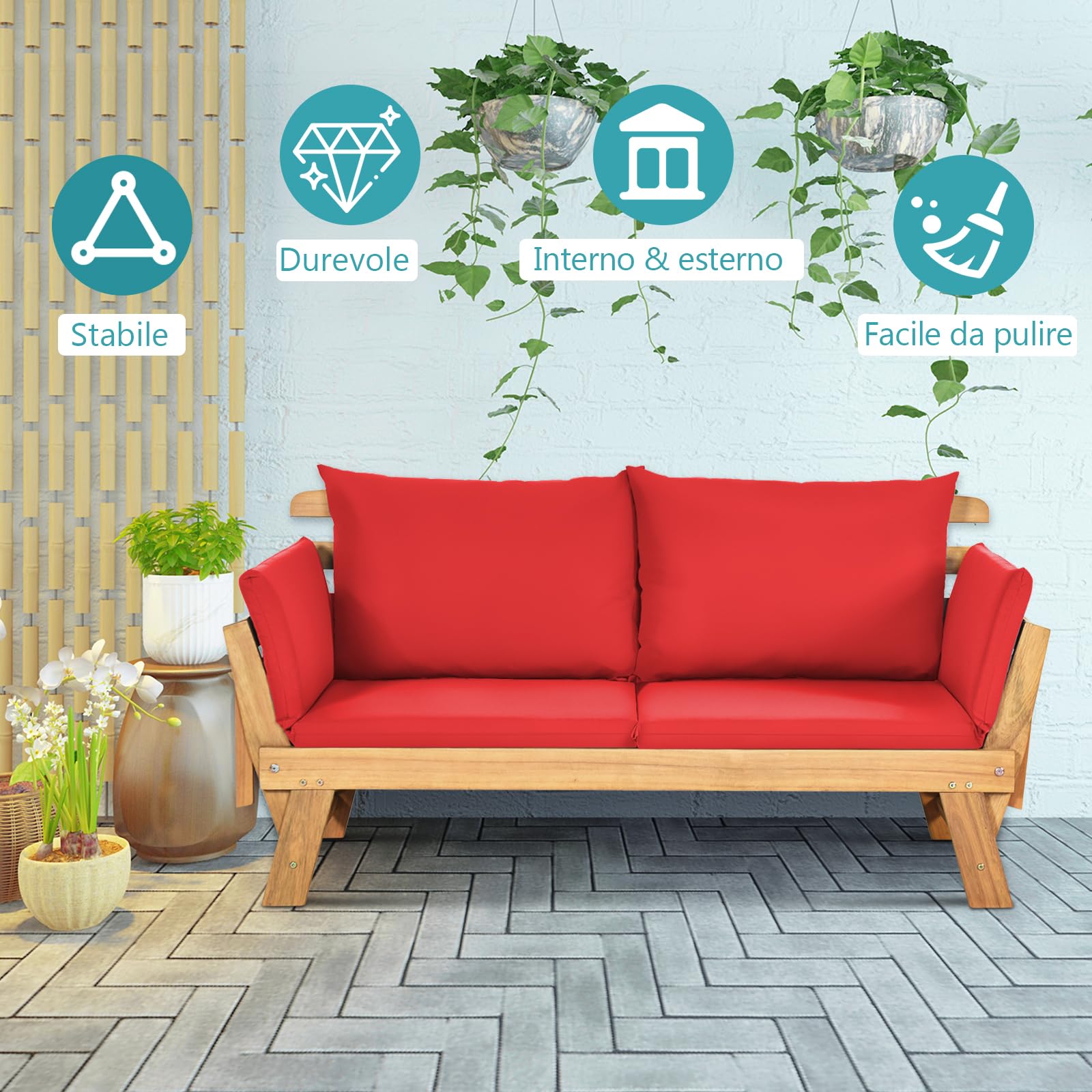 GYMAX 2 in 1 Divano da Esterno 2 Posti, Divano Letto da Giardino con Cuscino, Sdraio da Giardino Pieghevole in Legno con Braccioli Regolabili, Set Divano Giardino, 157-198 x 75 x 75 cm (Rosso)