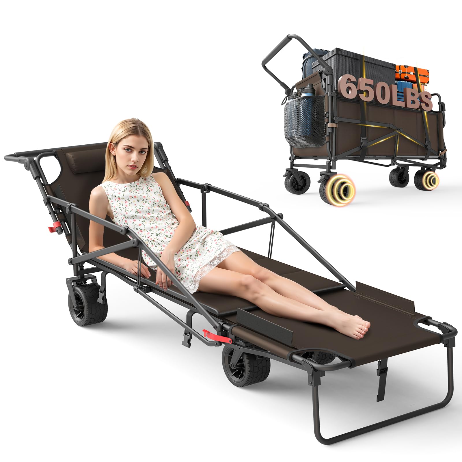 LEVELEVE Heavy Duty Folding Wagon - 2-in-1 Collapsible Cart, 650lb Capacity, All-Terrain Wheels w/Brakes & Side Pockets
