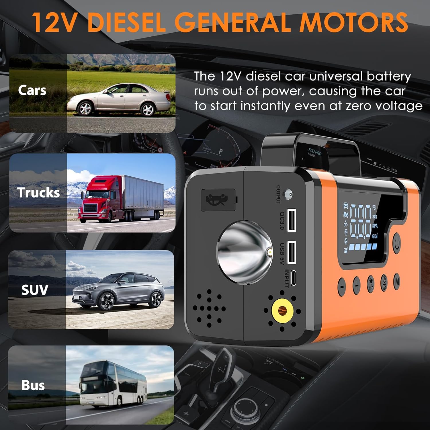 3000A Portable Car Jump Starter, 8-in-1 All-in-One Emergency Kit with 150PSI Air Compressor, Car Vacuum, Power Bank & LED Light, 12V Battery Booster for Gas Diesel Engines Cars Trucks SUV