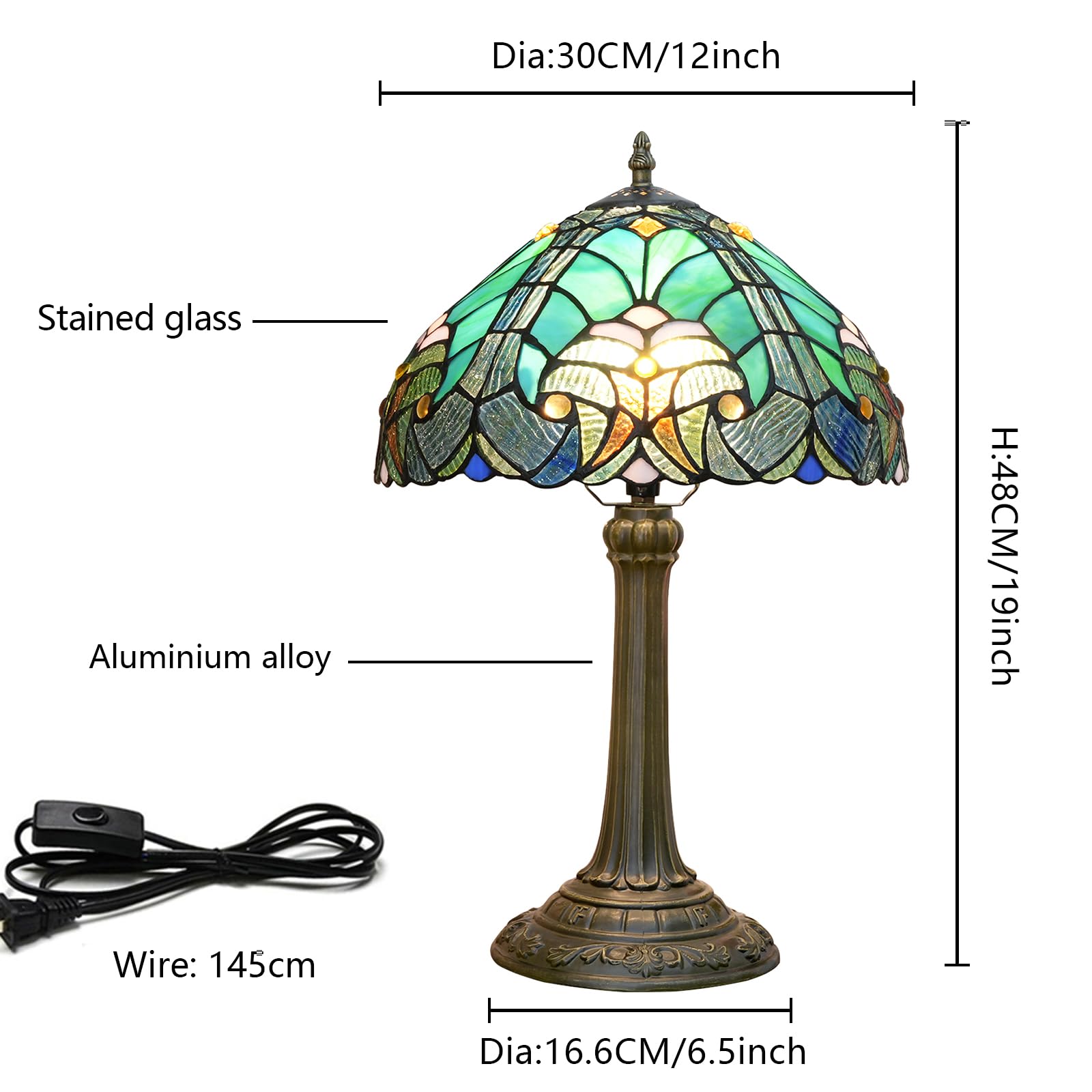 Lampa Tiffany w stylu Green Liaison, witrażowa lampa stołowa, zabytkowa lampa stołowa z metalową podstawą, lampa do czytania na biurko do salonu, sypialni, baru, sztuki i rzemiosła