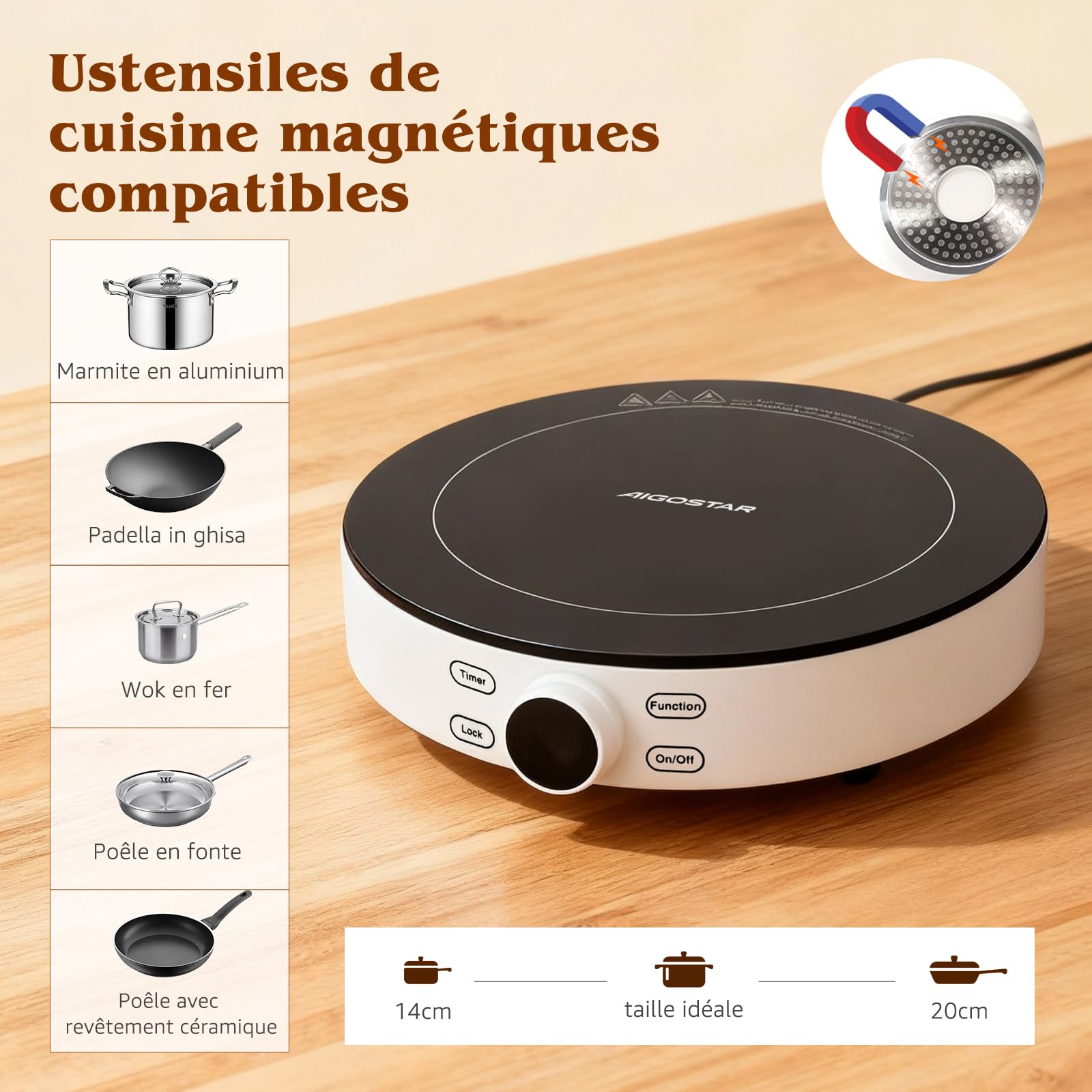 Aigostar Cookmate - Plaque à induction portable de 2000W. Design rond exclusif , 9 niveaux de puissance, minuterie avec arrêt. Convient aux récipients compatibles avec l’induction de 12-26 cm.