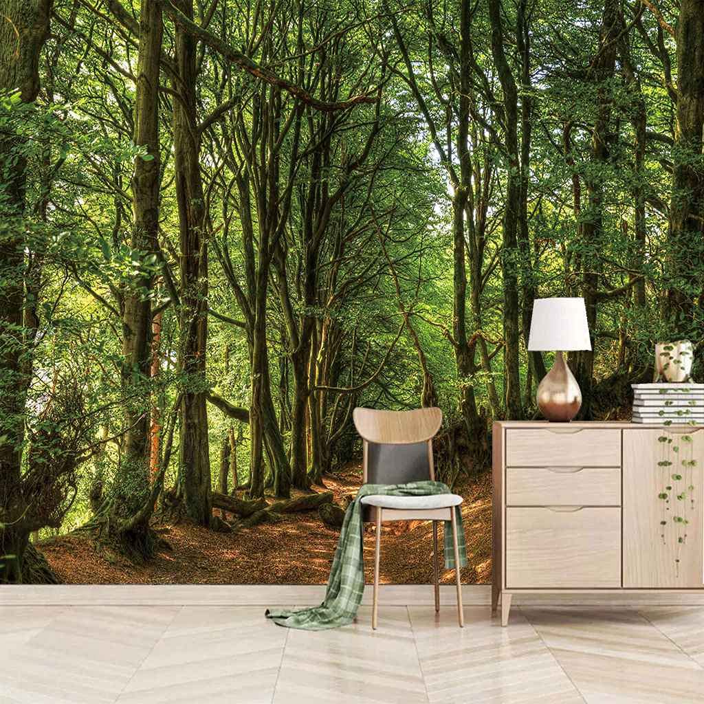 Poster mural forêt verte adhésif pour relooker un mur de salon sans colle ni travaux fastidieux
