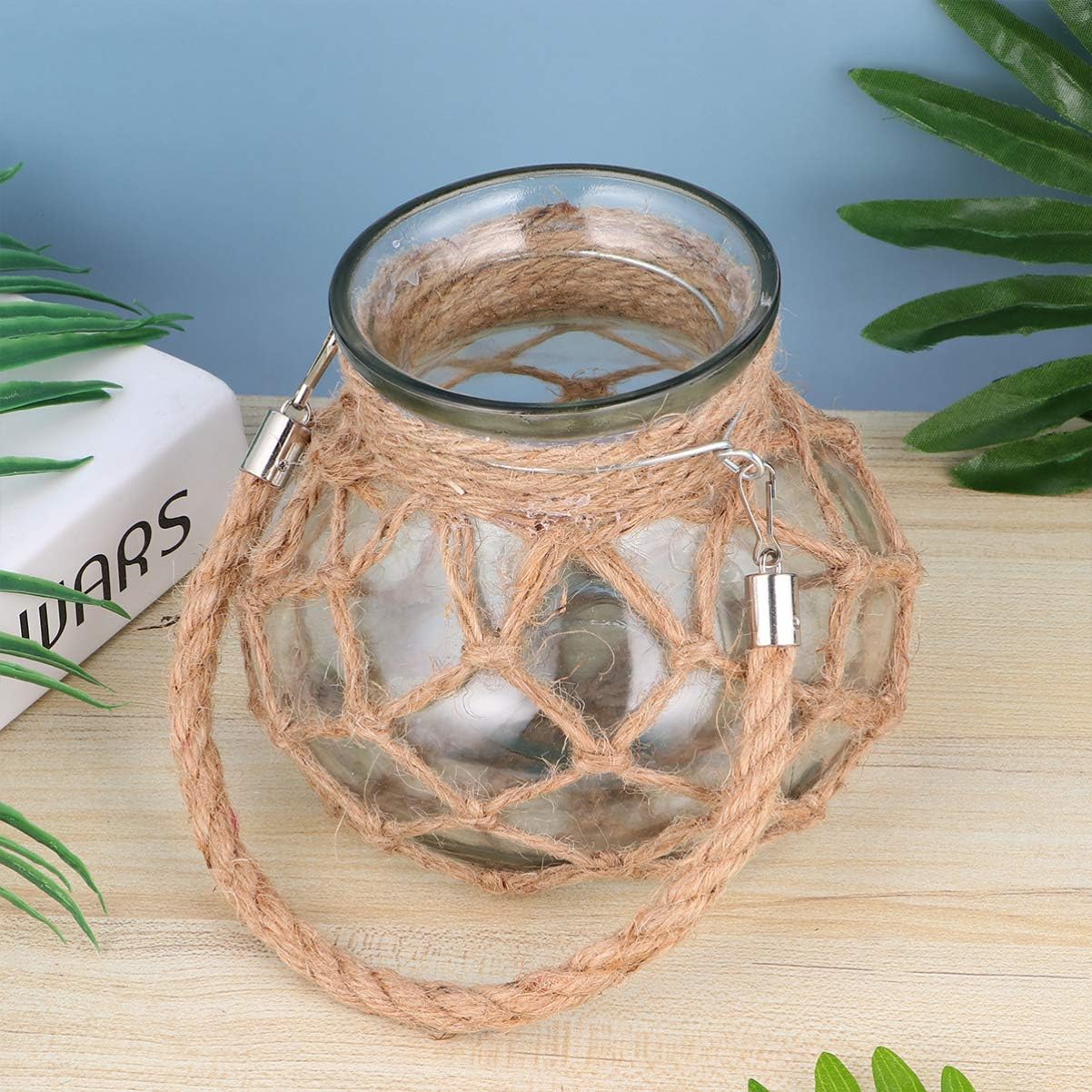Glass Jar Vase Rope Rustic Rope Net Flower Vase Decorative Dry Flower Glass with Handle Hydroponics Green Plant Container Clear
