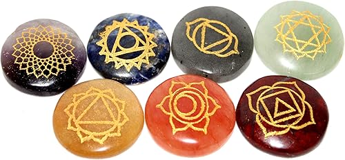 Jet 7 Chakra Reiki Set Grabado Redondo para Curar Chakra Equilibrio Meditación, Vibraciones Positivas
