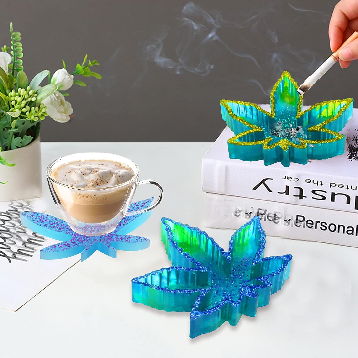 Juome (3 pack) Resin Molds Silicone- Maple Leaf Resin Ashtray Molds, Spice Grinder Epoxy Resin Mold and Large Hexagon Jar Mold with Lid, Jewelry Bottle Silicone Molds for Resin Casting