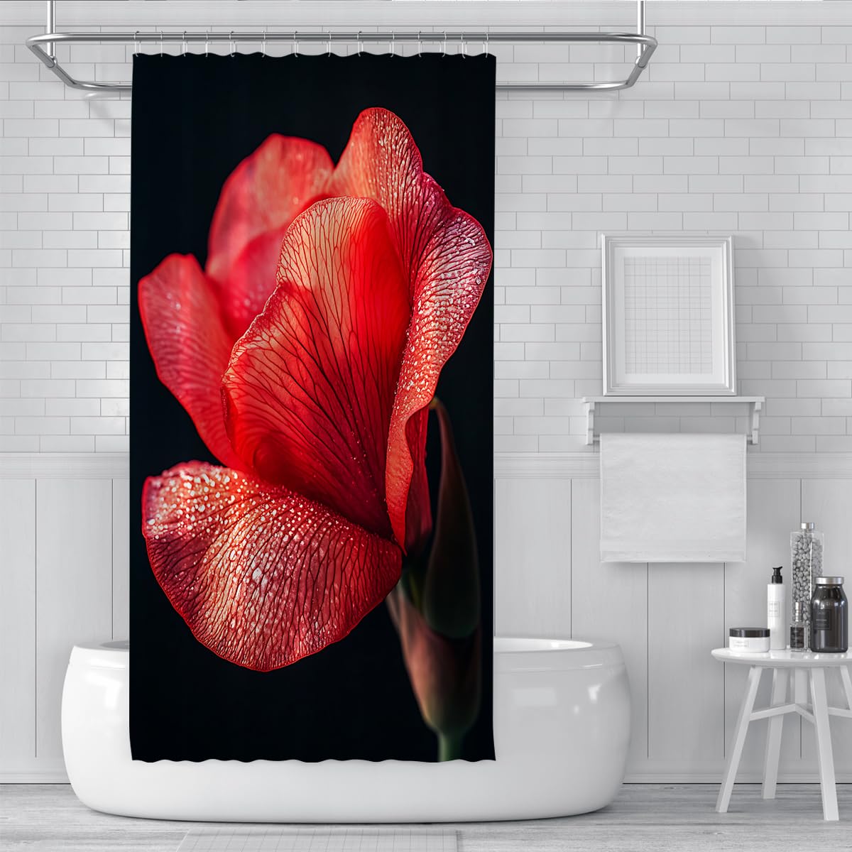 Rideau Douche Fleur Rouge Fond Noir W200xL200 cm