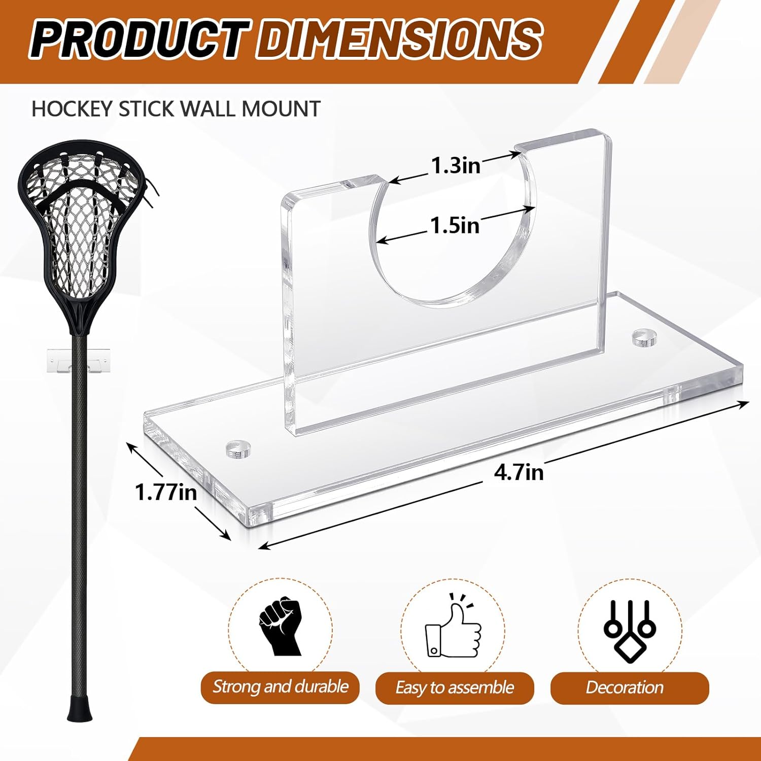 4 Pcs Acrylic Standard Size Lacrosse Stick Wall Mount Hockey Stick Wall Mount Ice Hockey Organizer Display Holder for Home Office (Clear)