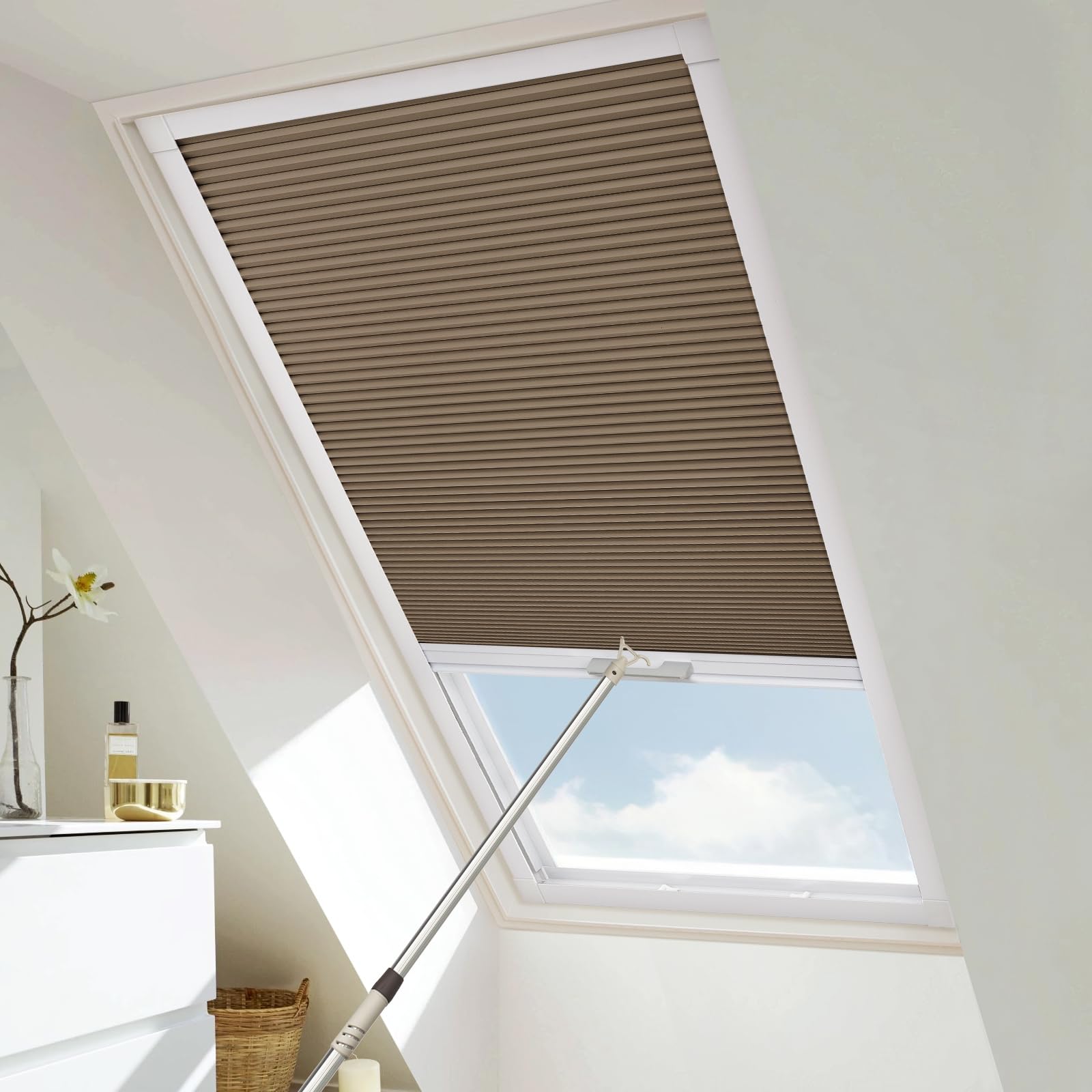 Moonice Cordless Skylight Blinds Blackout Honeycomb Roof Blinds Cellular Pleated Shades for Ceiling Easy to Install Custom Window Shades for Roof Inclined Plane Room (Brown, Custom Size)