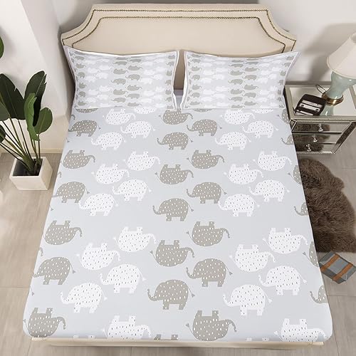 Juego de ropa de cama Kawaii de elefante, tamaño individual, bonita silueta de elefante blanco y gris, sábana bajera ajustable para dormitorio de