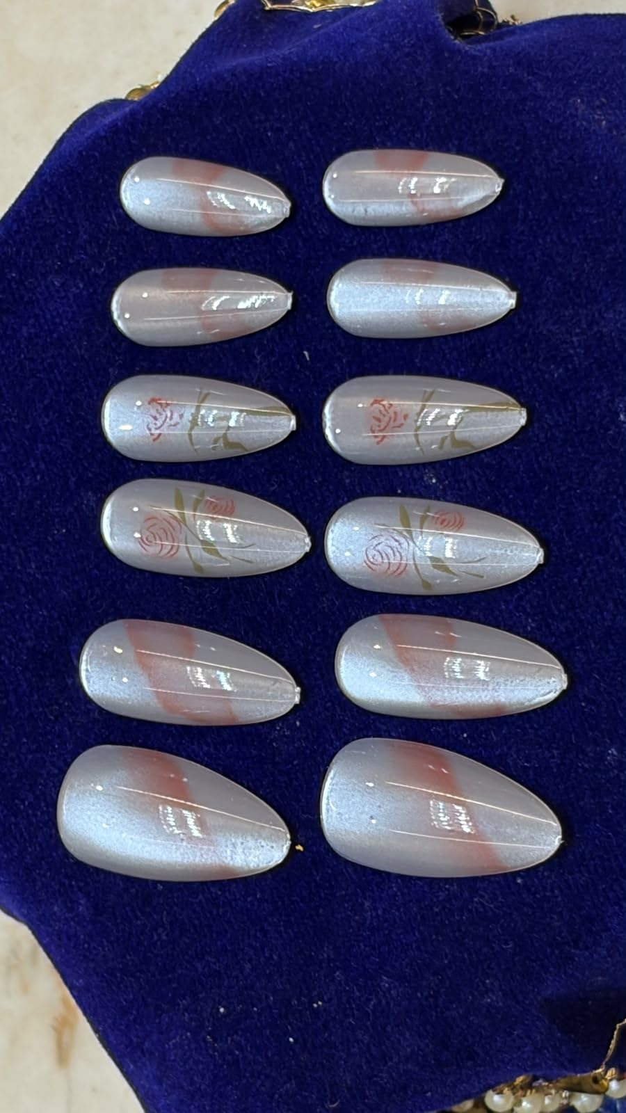TheBlingNails | Premium Handmade Luxury Gel Nails,Dusty Rose Cat Eye Magnetic with Hand Painted Rose Floral Art | Elegant Stick -On Nail Kit for Women & Girls| Reusable Nails| Lightweight & Long Lasting| High Glossy Finish| Salon-Style Nails at Home| Crafted in our BlingNails Studio for salon quality results. (Metallic Rose & Blossom Aura)-image-3
