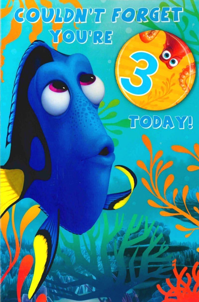 DISNEY 'FINDING DORY' BIRTHDAY CARD 'COULDN'T FORGET YOU'RE 3 TODAY'- FREE BADGE & COLOURING CHALLENGE