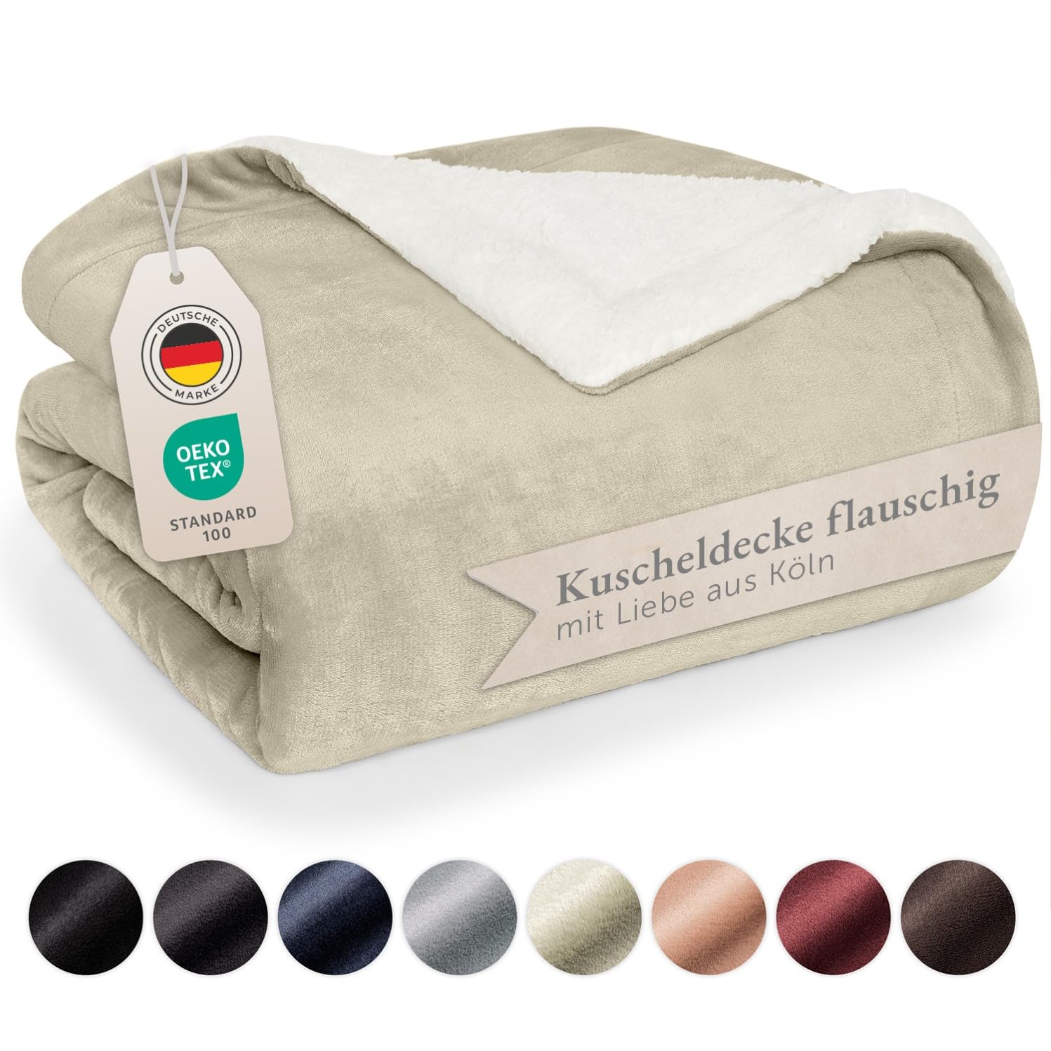 Blumtal Premium Sherpa Kuscheldecke flauschig 150x200 cm - Oeko-Tex zert. Sofa Decke mit dicker Sherpa-Innenseite - super flauschige Decke extra dick und wärmend - cozy Fleecedecke – Sand