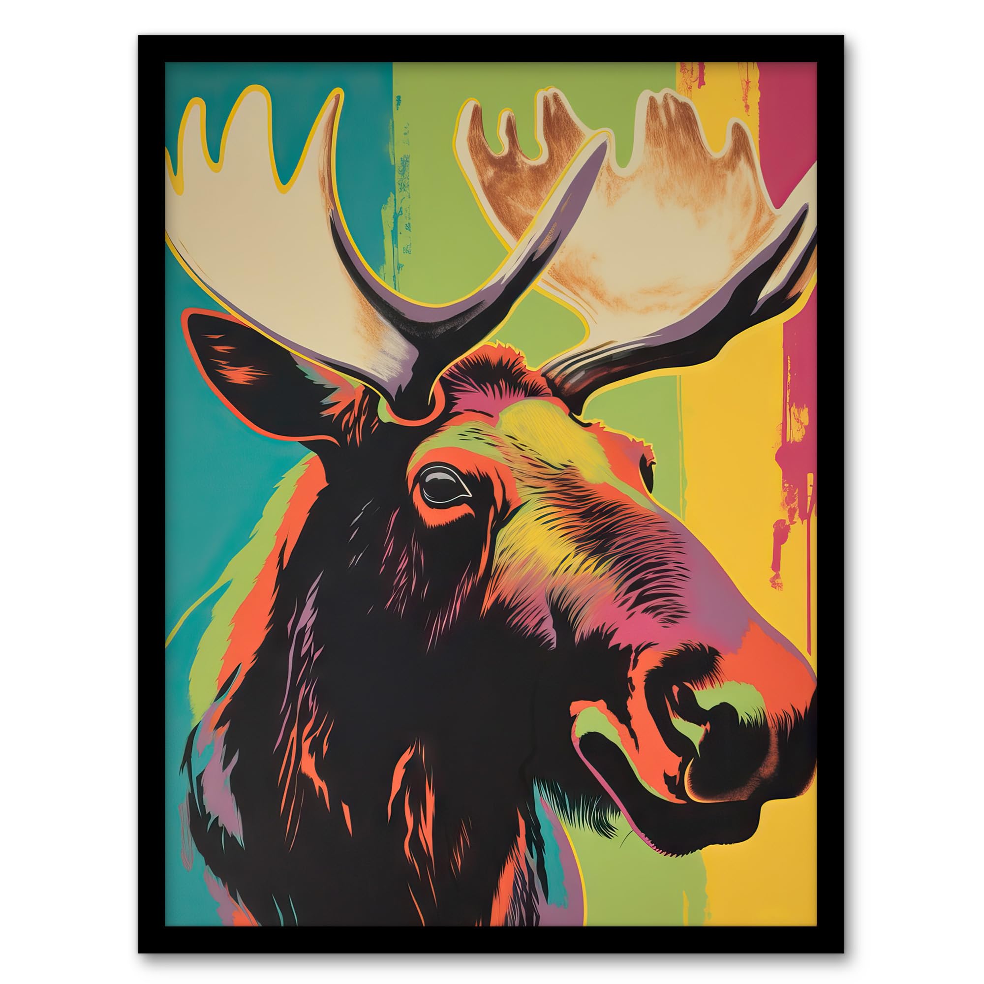 Artery8 Canadian Moose Psychedelic Animal Portrait Screenprint Artwork Vibrant Bold Bright Colourful Painting Artwork Framed Wall Art Print 18X24 Inch