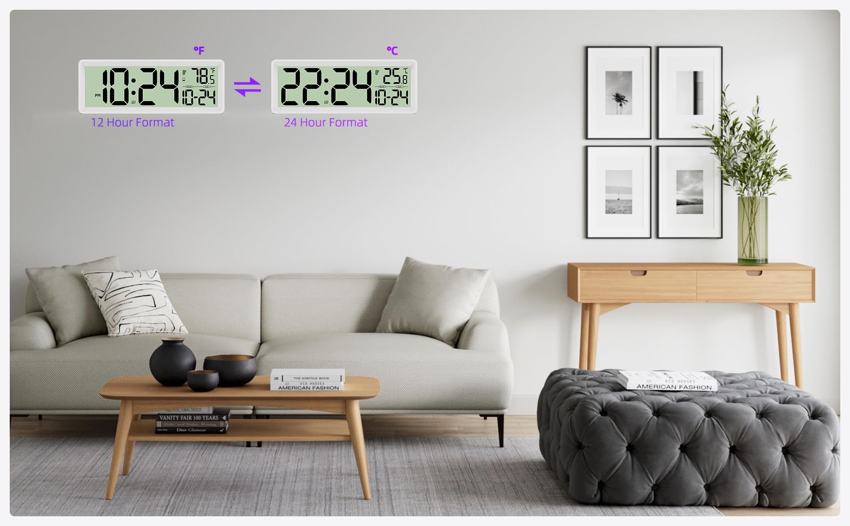 35,6 cm große digitale Wanduhr, batteriebetrieben mit Temperatur, Datum, Sommerzeit, große Digitaluhr für Küche, Bauernhaus, Schlafzimmer, Badezimmer, Klassenzimmer, Büro, Wohnzimmer – modern, leise