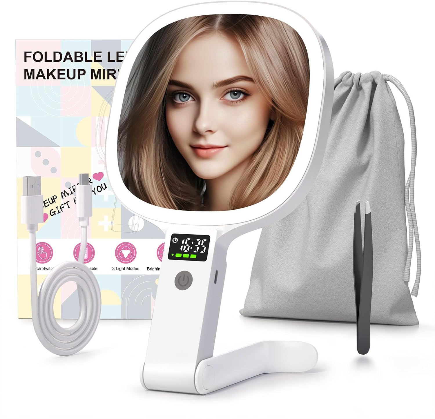 Robofun Schminkspiegel mit Beleuchtung und LED Display f r Zeit - Akkustand - Helligkeit Handgehaltener Kosmetikspiegel mit Beleuchtung 1X/10X Vergr erungsspiegel mit Vorder- und R ckschalter