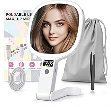 Robofun Lighted Makeup Mirror with LED Time Display - Battery Level - Brightness, Illuminated Handheld Makeup Mirror 1X/10X Magnification Mirror with Front Switch