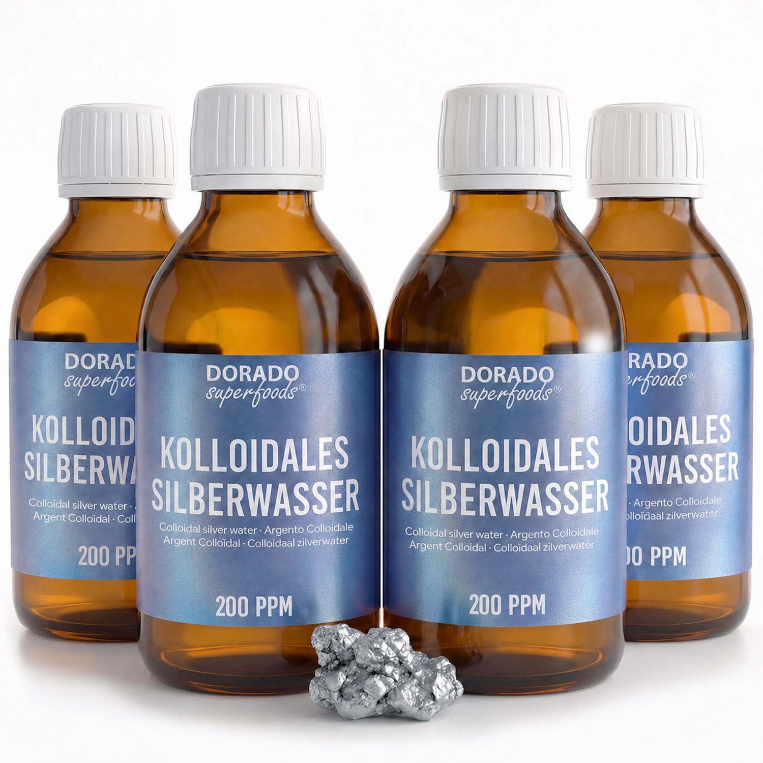 Kolloidales Silber 200 ppm – 1000 ml (4x250 ml) – Silberwasser, Braunglasflasche, Premium Qualität – Dorado Superfoods®