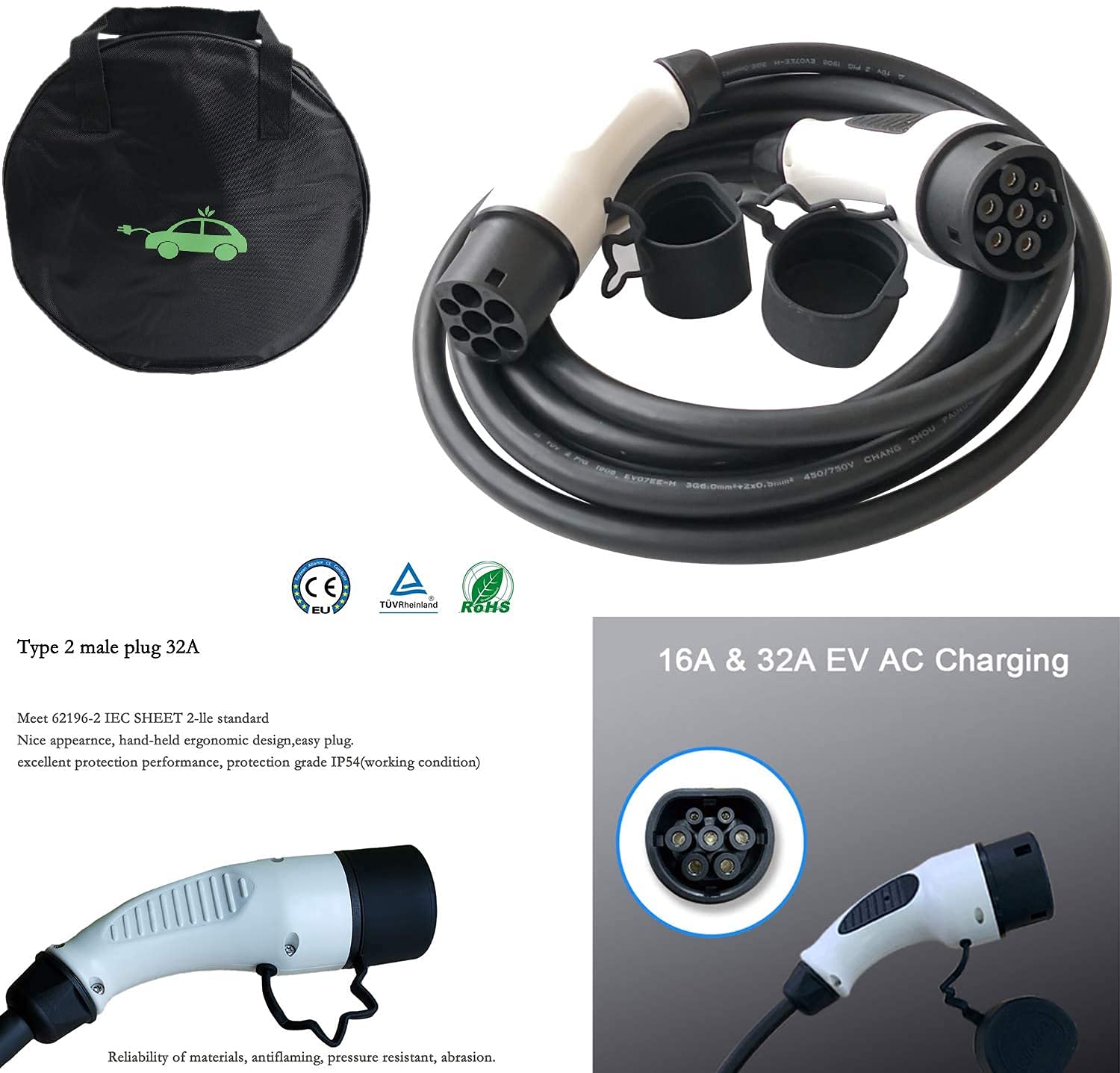 HiEVcar Electric Vehicle Charger Type 2 32A EV Charging Cable 3 Phase