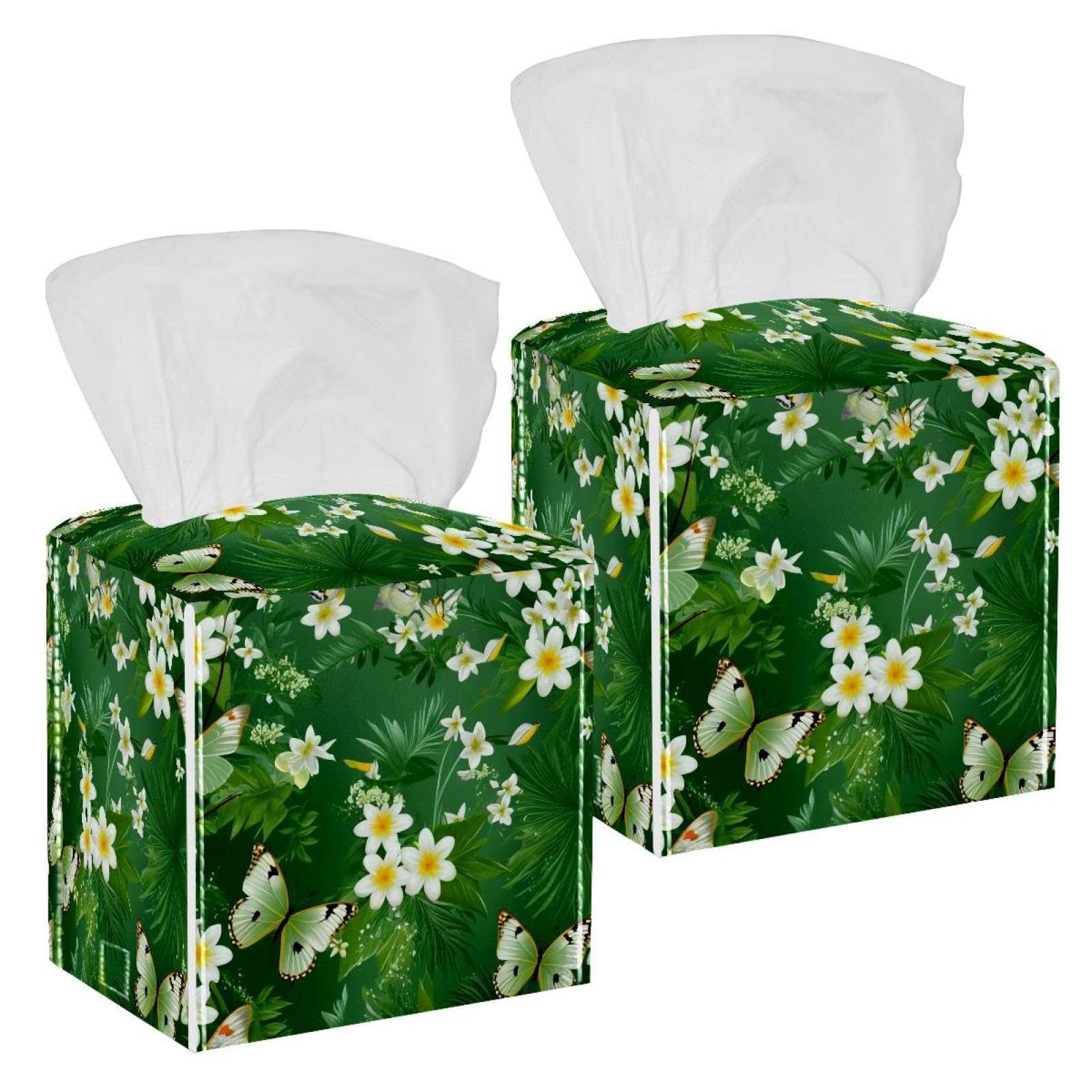 Colored Leaves Tissue Box Cover, 2 Pack PU Leather Square Facial Tissue Dispenser Box holder for Home Office Car