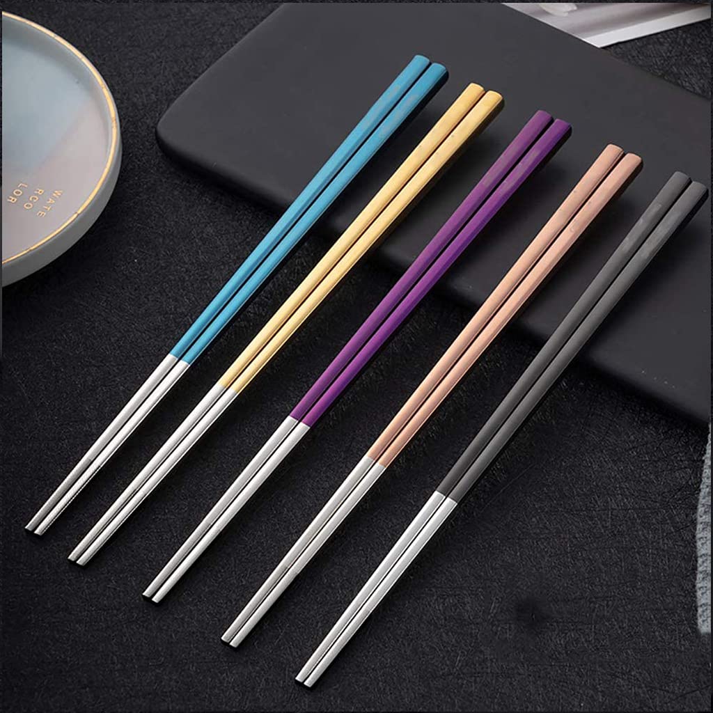 FAMMIX Palillos reutilizables de acero inoxidable, 5 pares de palitos de metal, palillos japoneses chinos coreanos, aptos para lavavajillas, juego de palillos ligeros y reutilizables para cena A