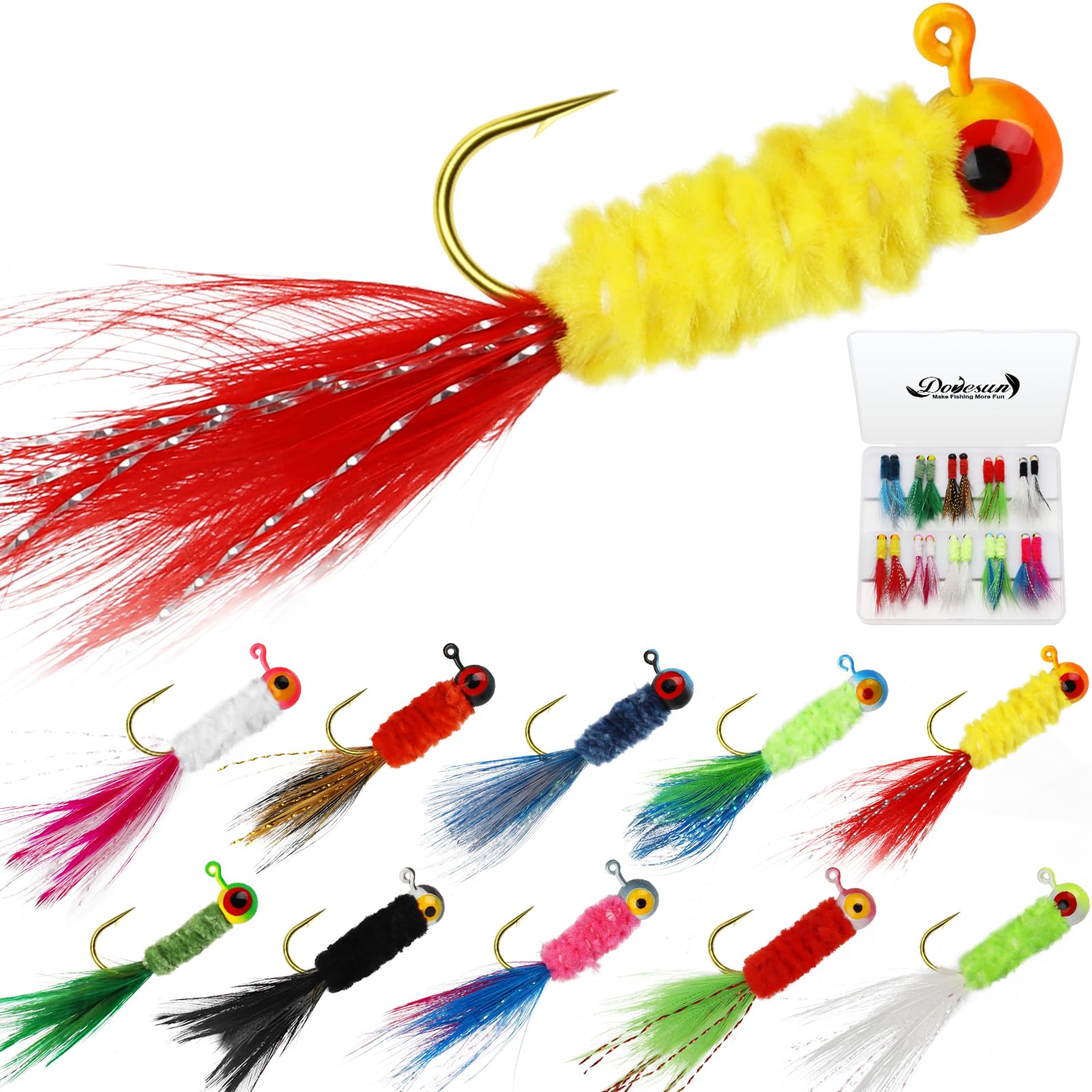 Dovesun Crappie Jigs, Jig Heads with Feather Hand-Tied Marabou Jigs Ice | Fly Fishing Lures 10 Colors 1/32oz 1/16oz 1/8oz Fishing Hair Jigs for Panfish Sunfish Walleye 20-40pcs