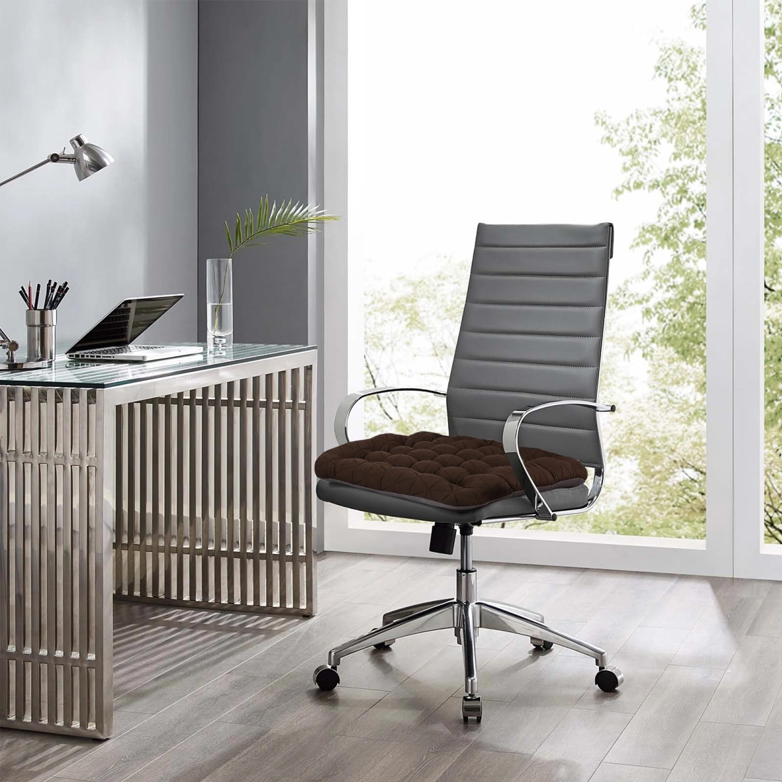 BUYUE Good Support - Cojín para silla de oficina, jacquard de lujo con cojín de asiento de silicona antideslizante, acolchado para escritorio de computadora, silla de cocina (1 unidad, marrón)