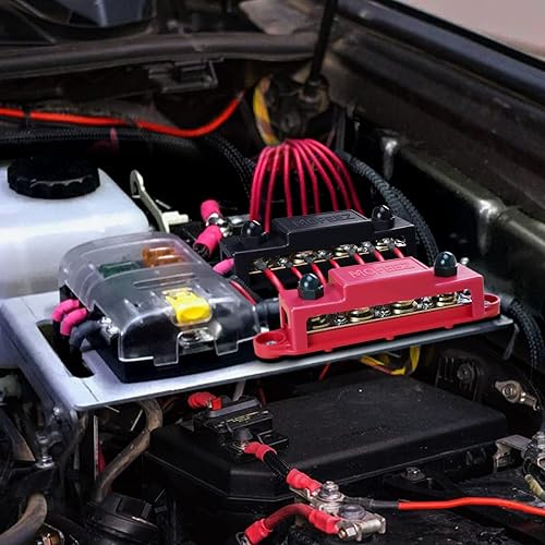 Miniatura 7 de MOFEEZ Barra de bus de bloque de distribución de energía, 4 postes de 516 pulgadas, 6 terminales de tornillos #8, máximo 48 V 250 A (par, rojo y