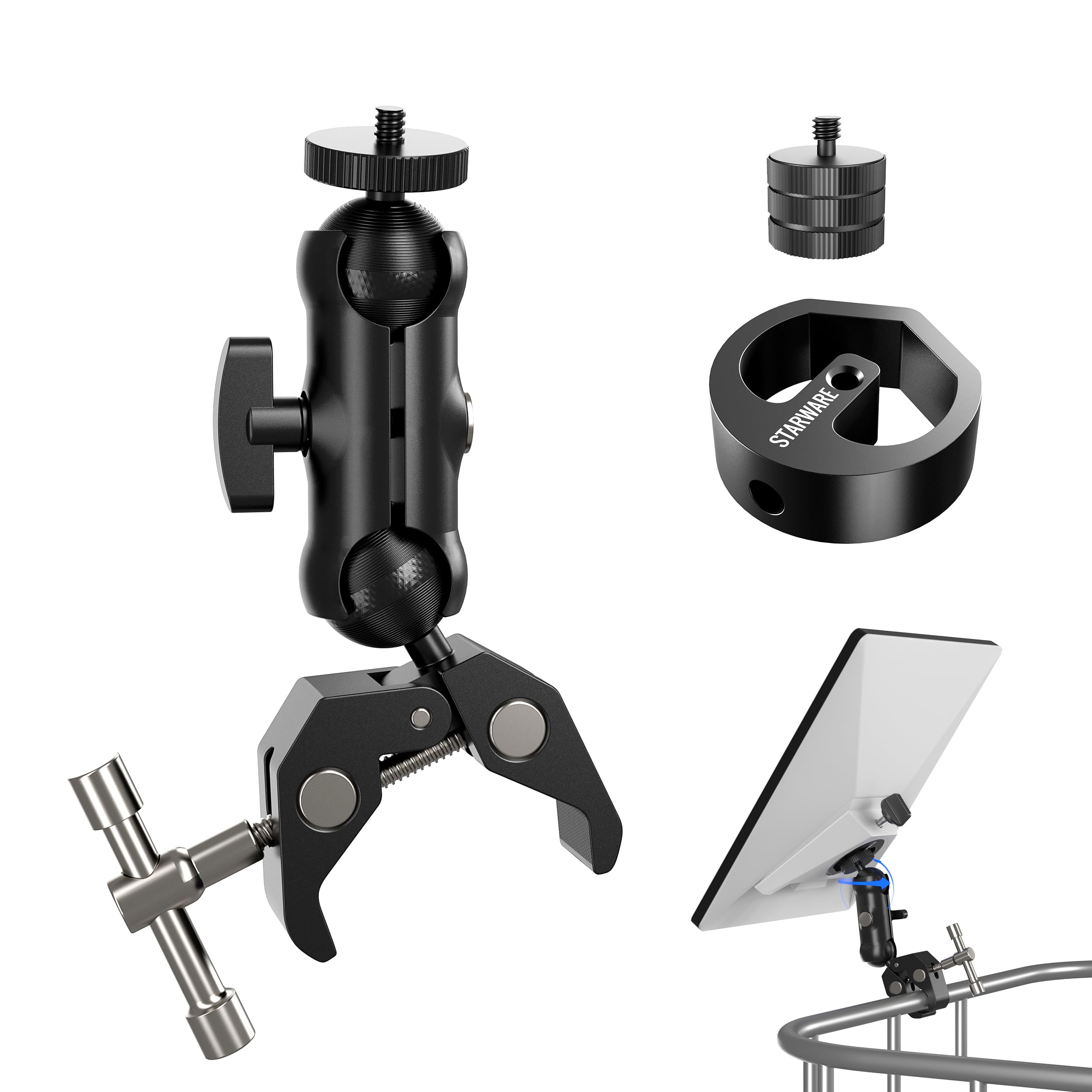 STARWARE Starlink Mini Mount - Aluminum RV Pole Mount with Tripod Adapter, Old Versions Original Pipe Adapter Compatibility, Adjustable Car ClampMount for RV, Yacht, Roofs, and Rods