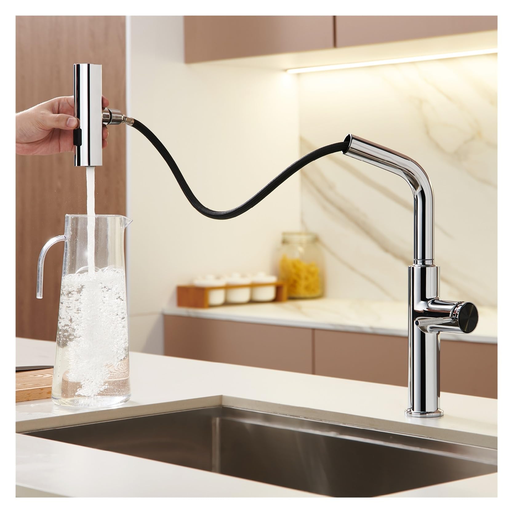 Rubinetto da cucina bianco di lusso con design estraibile Modalità di uscita dell'acqua a cascata Maniglia singola Rubinetto for lavello a doppio controllo freddo e caldo ( Color : Black-Rose Gold )