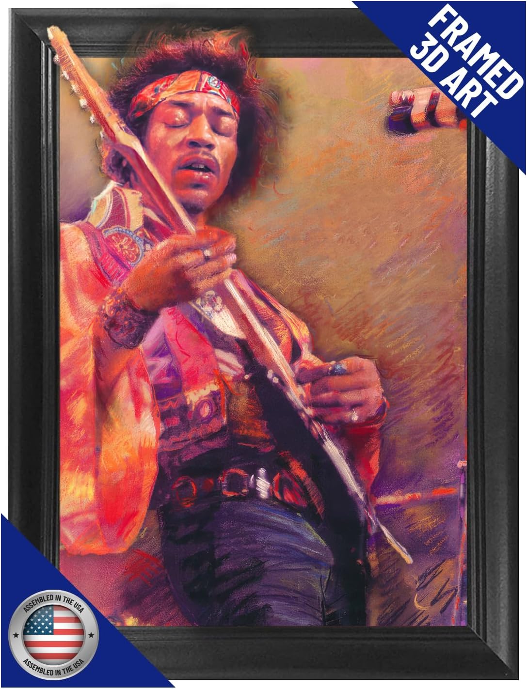 Jimi Hendrix 3D Poster Wall Art Decor Framed Print | 14.5x18.5 | Classic 60s Rock Legend Posters & Pictures | Memorabilia Gifts for Guys Bedroom Man Cave | Urban Street Art Woodstack