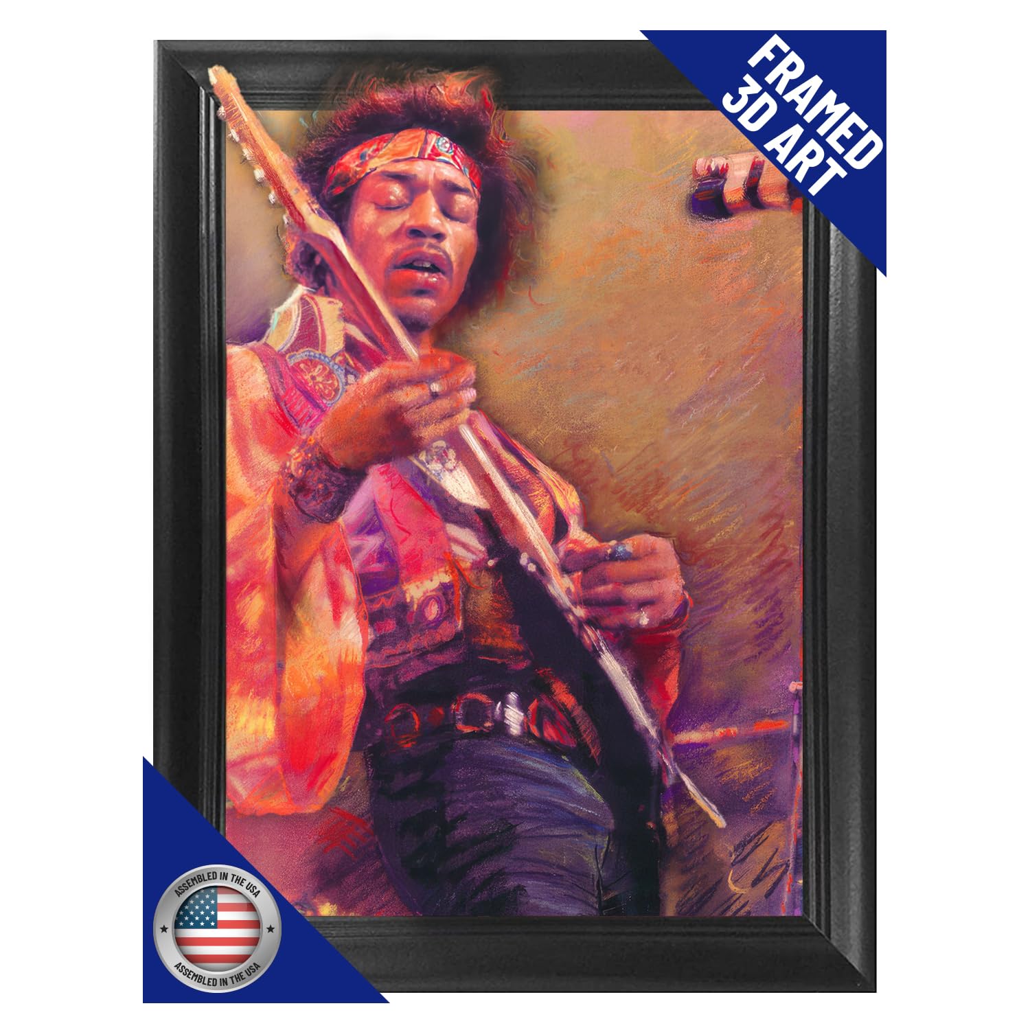 Jimi Hendrix 3D Poster Wall Art Decor Framed Print | 14.5x18.5 | Classic 60s Rock Legend Posters & Pictures | Memorabilia Gifts for Guys Bedroom Man Cave | Urban Street Art Woodstack