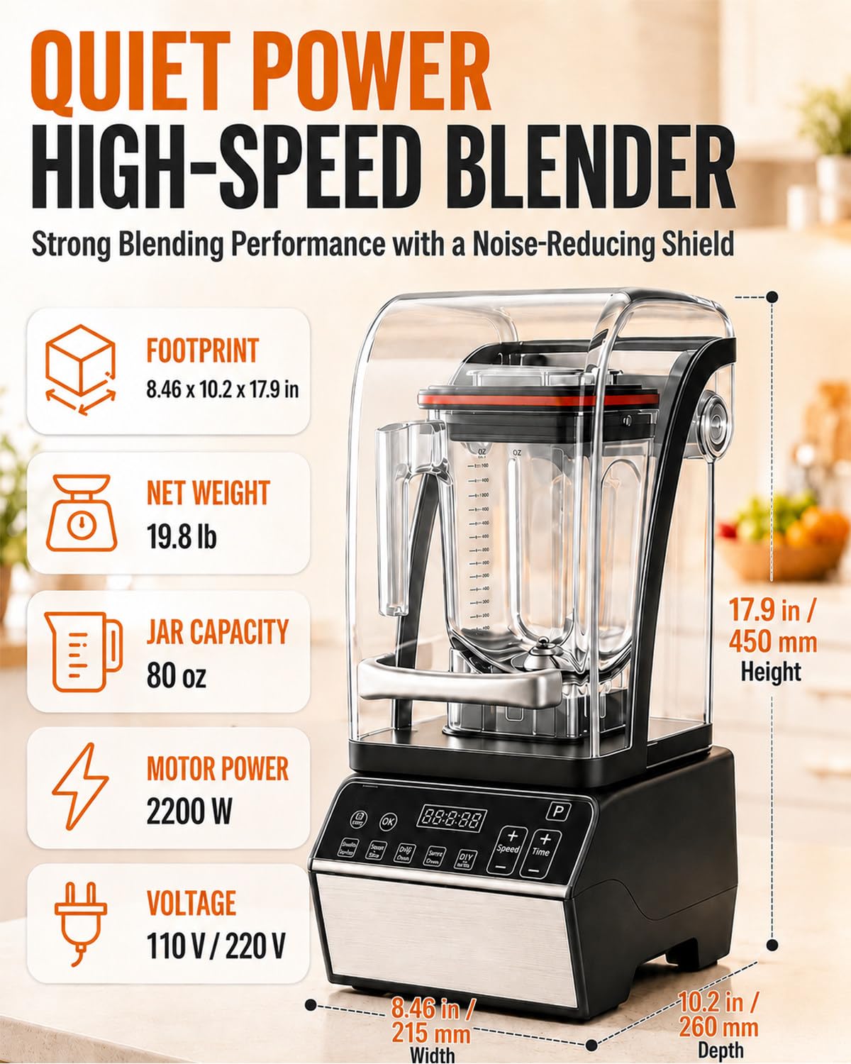 Cichy Blender Blatowy 46000 RPM, 6 Programów, do Smoothie i Shake | Silnik z Czystej Miedzi Wspiera Codzienną Pracę, a Duży Pojemnik i Szybkie Płukanie Pomagają Szybko Serwować Napoje i Potrawy