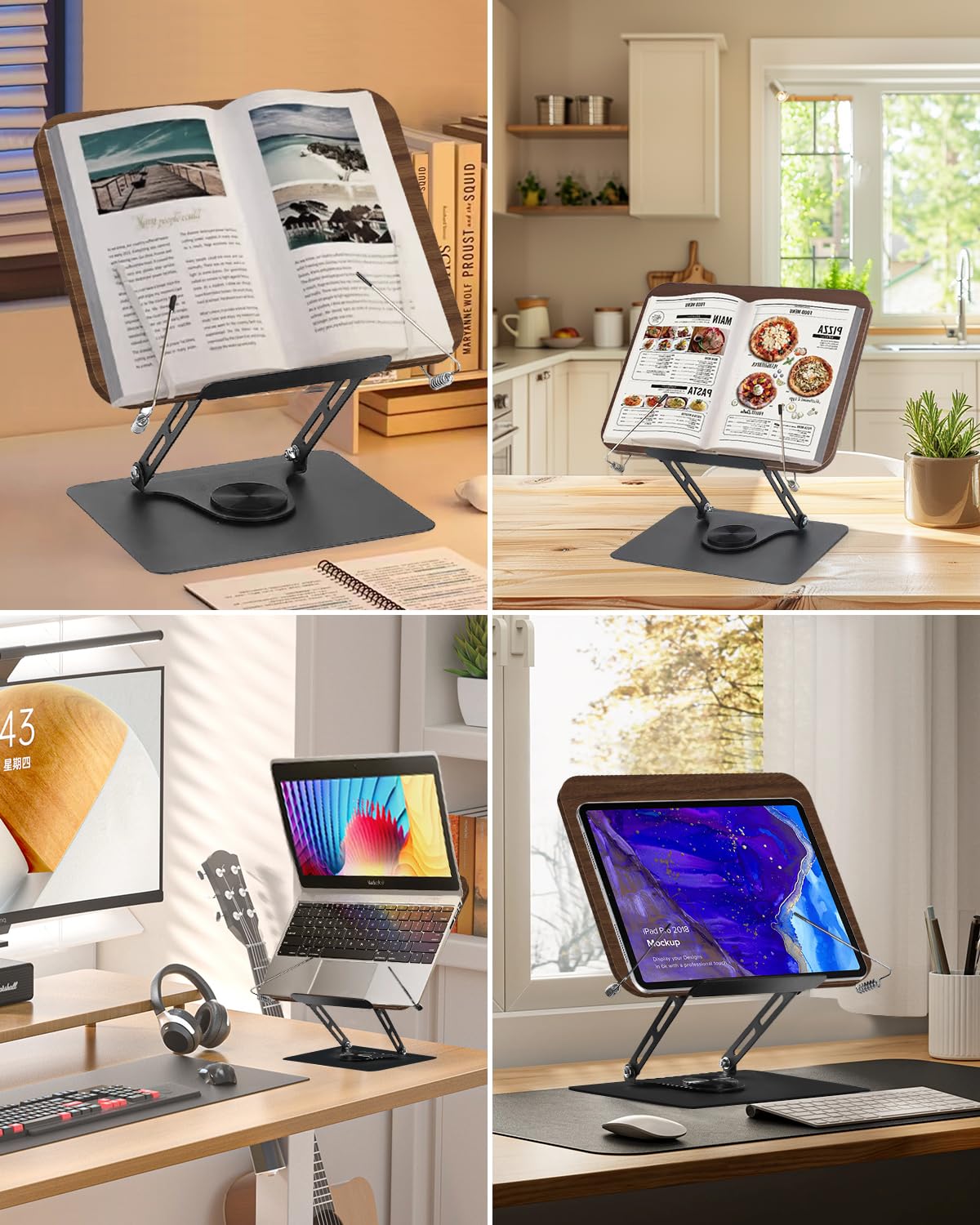 Leggio per Libri in Legno, Supporto Libri per Lettura con Base Girevole a 360°, Altezza Regolabile Bookstand, Pieghevole, per Libri, Cuochi, Tablet, Spartito (01)