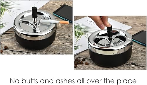 Miniatura 6 de Cenicero redondo con bandeja giratoria, bandeja de metal para cigarrillos, cenicero grande de 5.2 pulgadas para patio exterior, color plateado